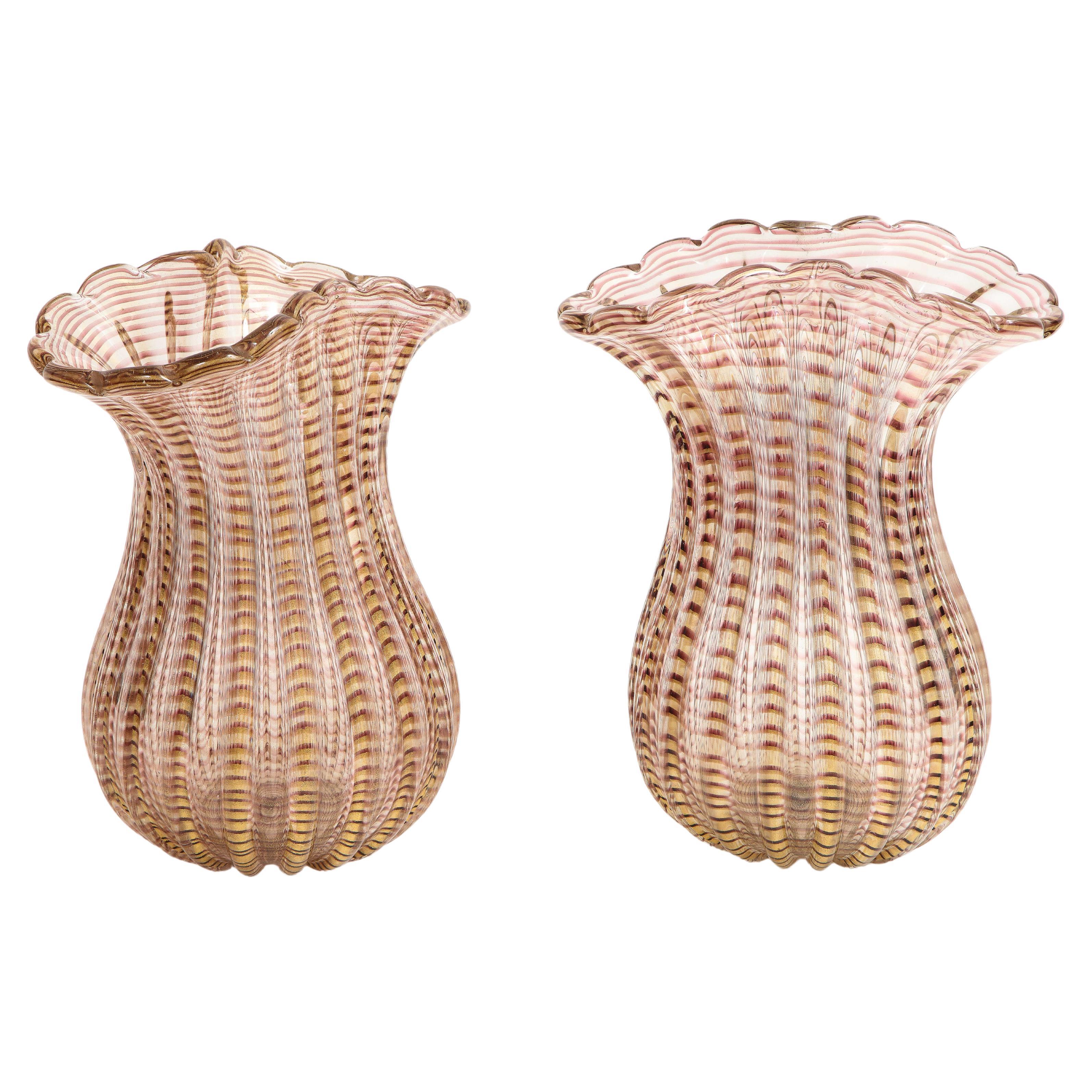 Pair Large Mid-Century Modern Italian Murano Glass Striated Multi-Colored Vases For Sale