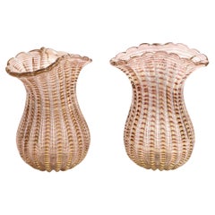Pair of Mid-Century Modern Italian Murano Glass Striated Multi-Colored Vases