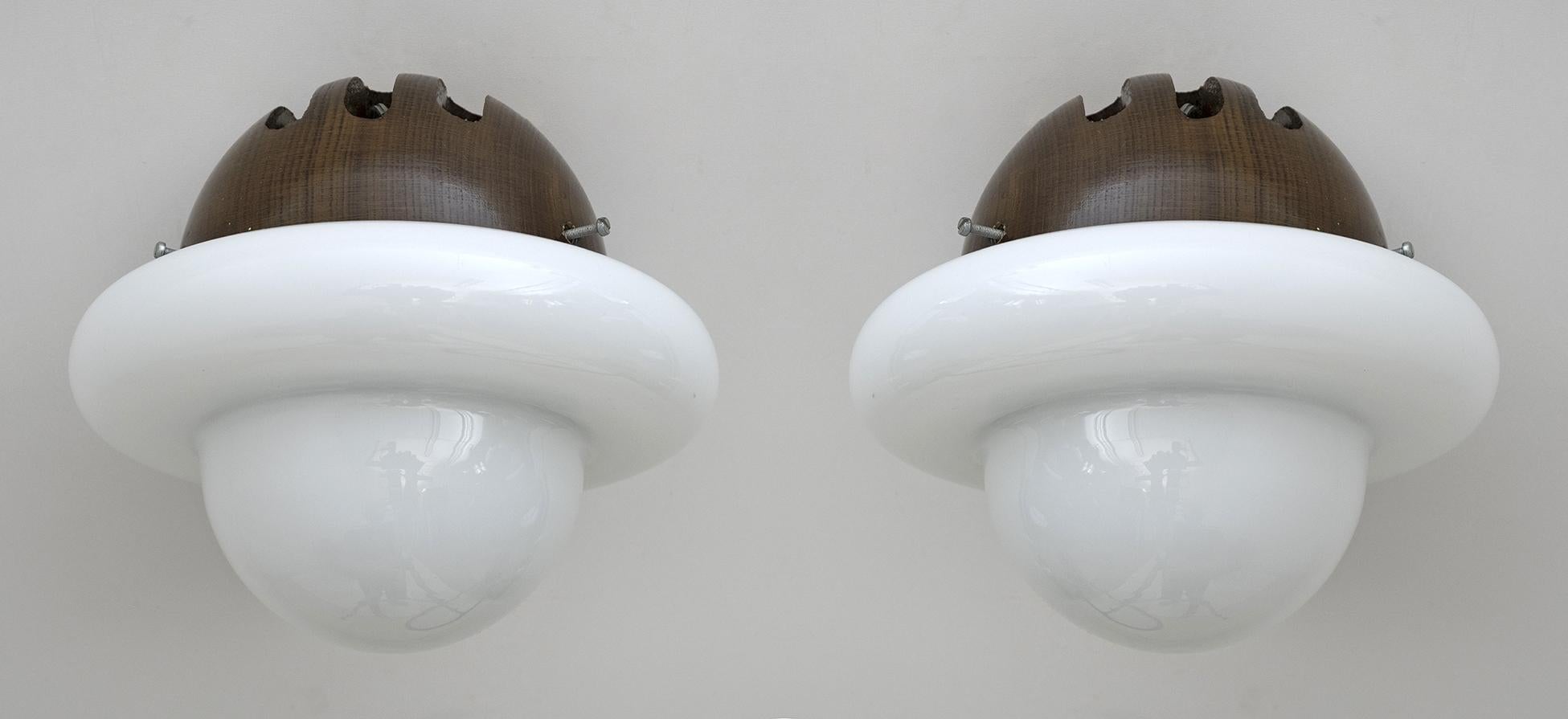 Pair of Mid-Century Modern Italian Opaline Glass and Wood Sconces, 1960s For Sale 8