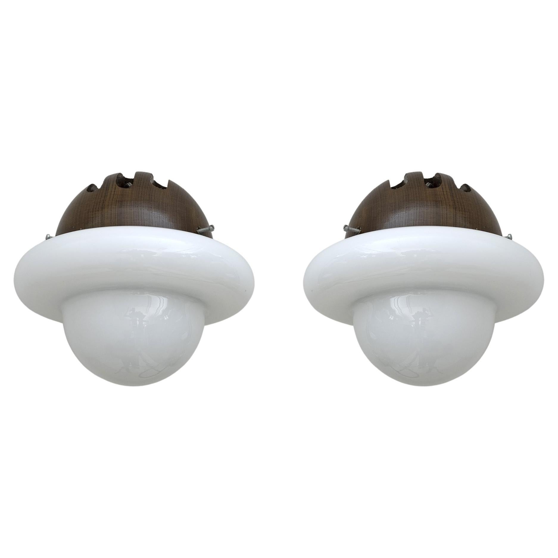 Pair of Mid-Century Modern Italian Opaline Glass and Wood Sconces, 1960s For Sale