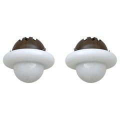 Pair of Mid-Century Modern Italian Opaline Glass and Wood Sconces, 1960s
