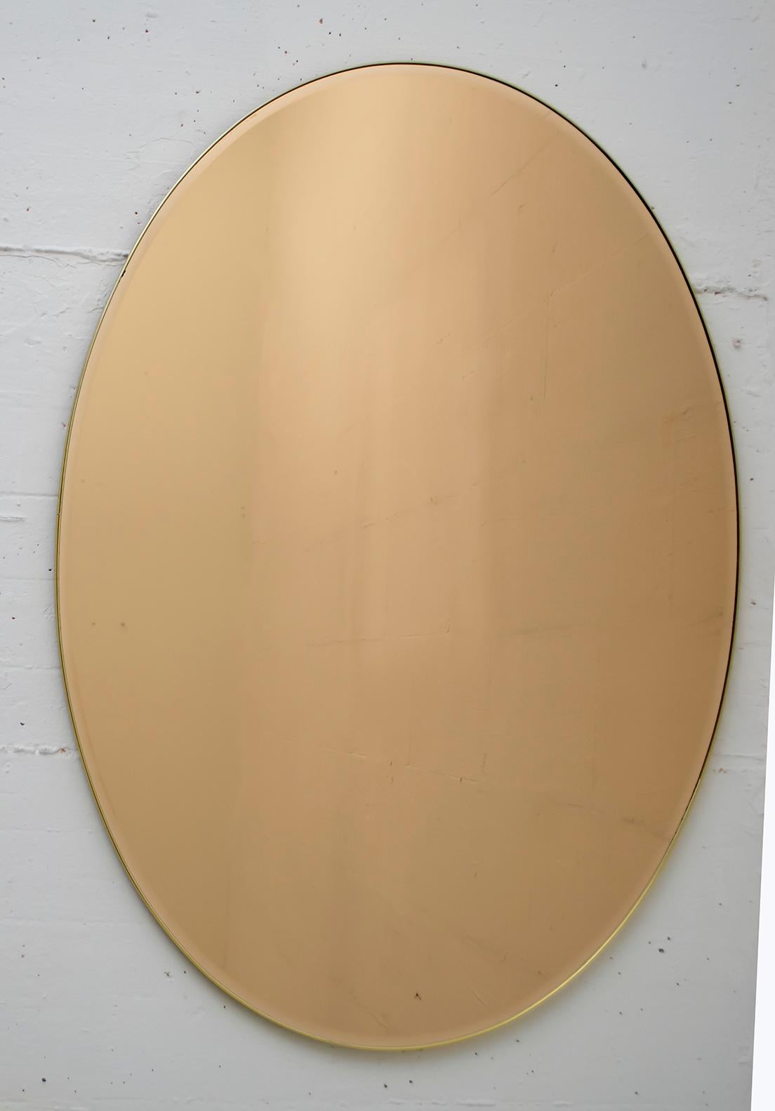 Pair of Mid-Century Modern Italian Oval Mirrors Brass and Bronzed Mirror, 1970 For Sale 2