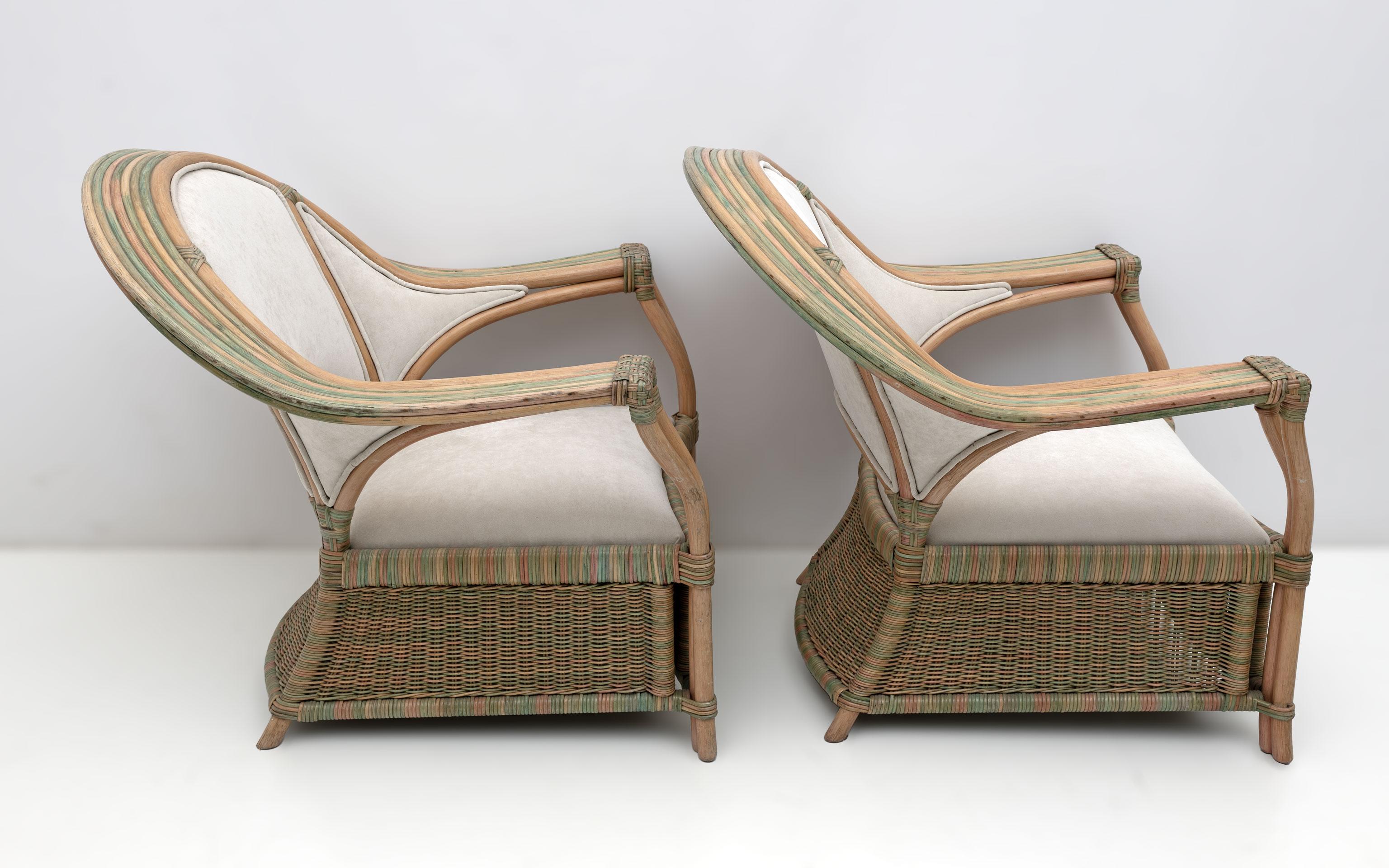 Mid-Century Modern Pair of Mid-century Modern Italian Rattan and Wicker Armchairs, 1970s For Sale
