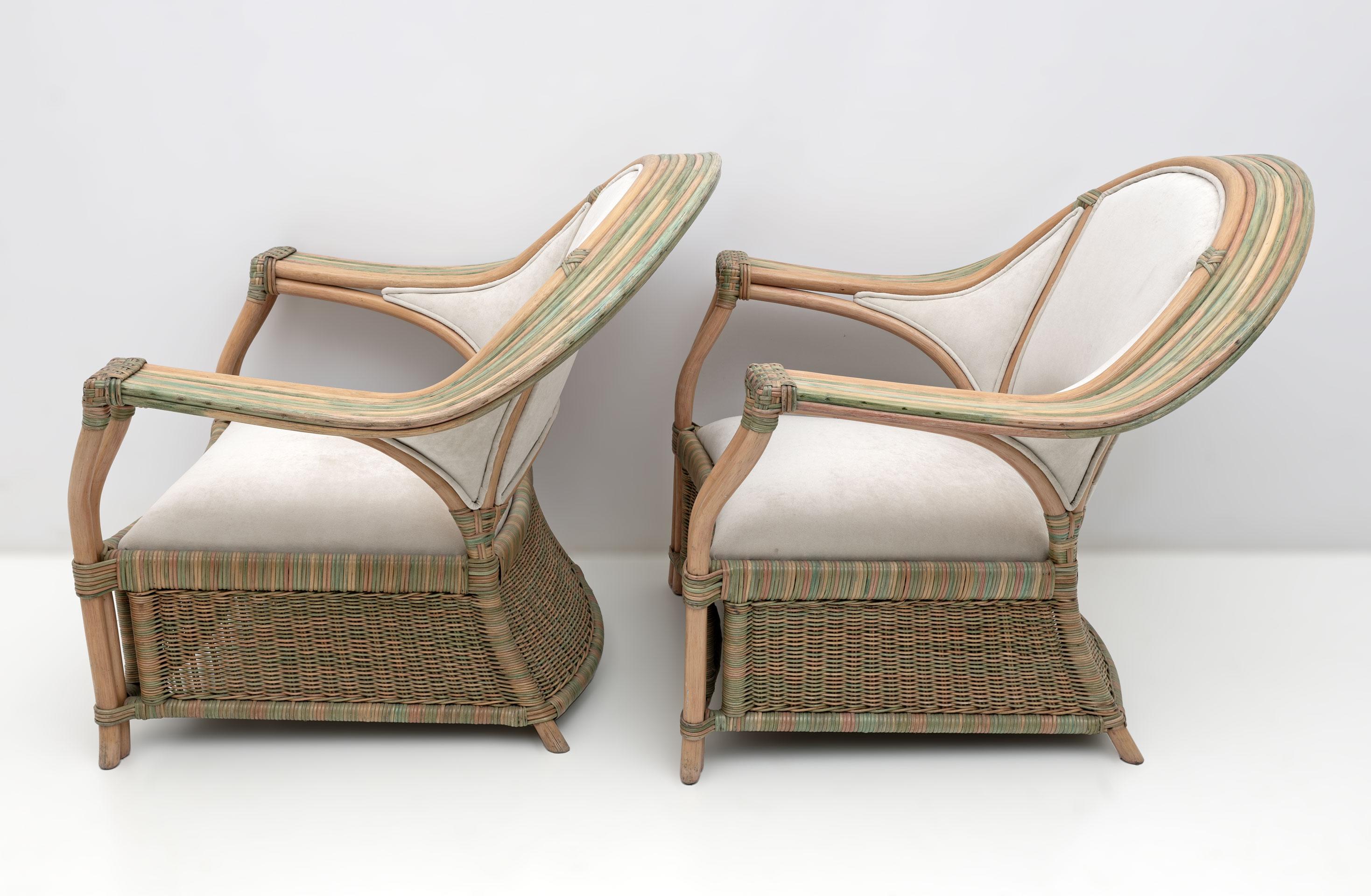 Late 20th Century Pair of Mid-century Modern Italian Rattan and Wicker Armchairs, 1970s For Sale