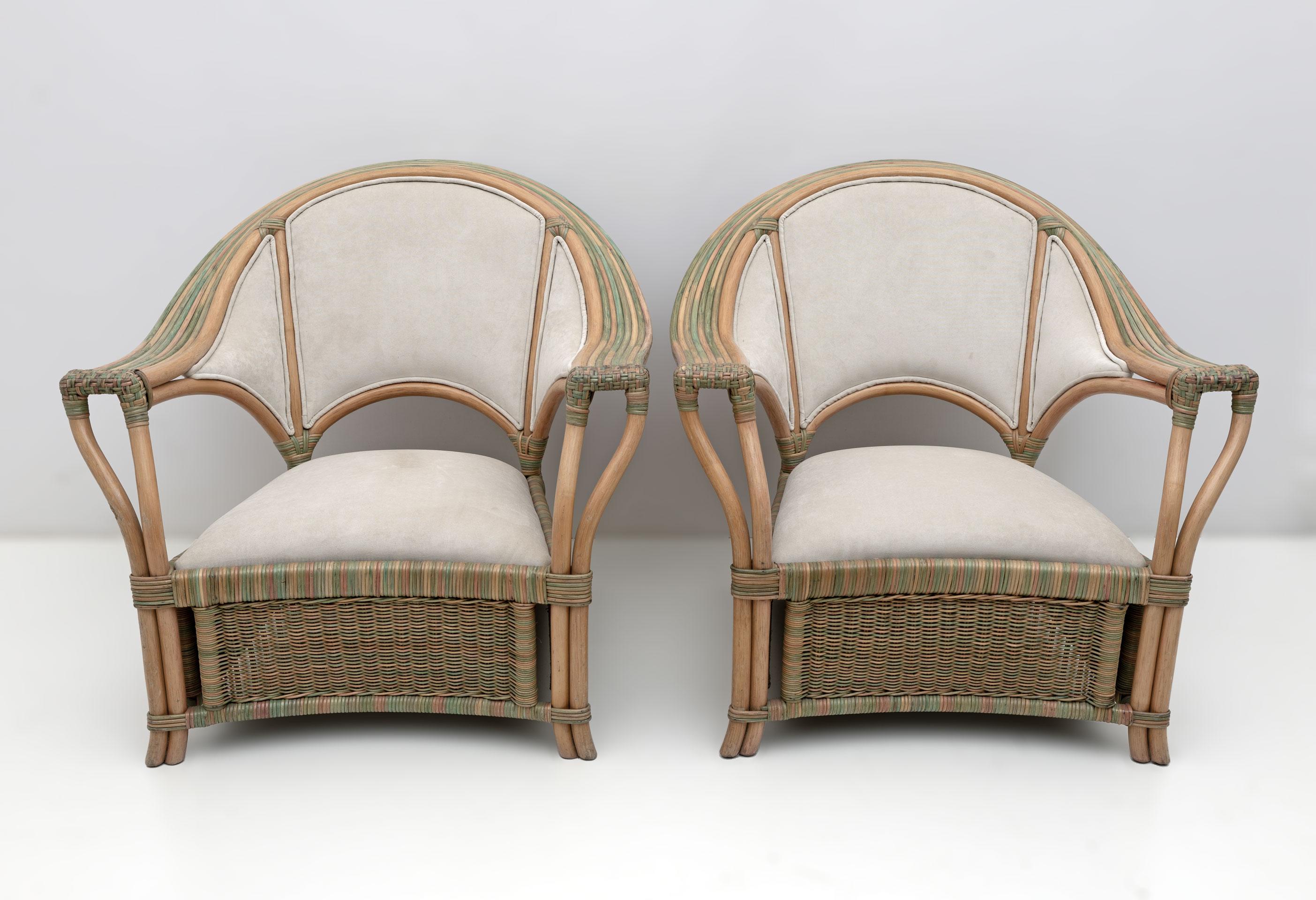 Fabric Pair of Mid-century Modern Italian Rattan and Wicker Armchairs, 1970s For Sale