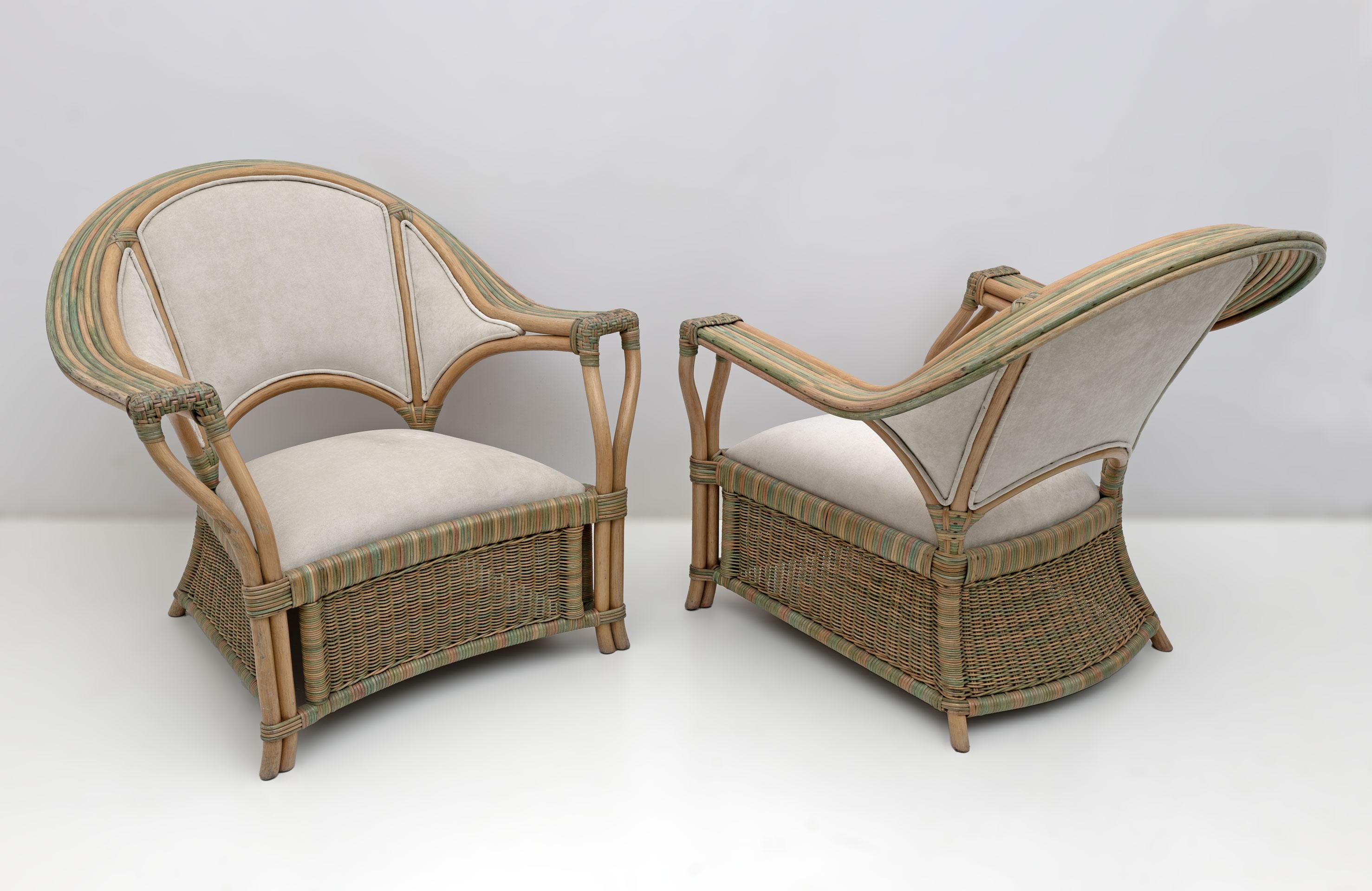 Tessuto Coppia di poltrone italiane in vimini e rattan della metà del secolo scorso, anni '70 in vendita