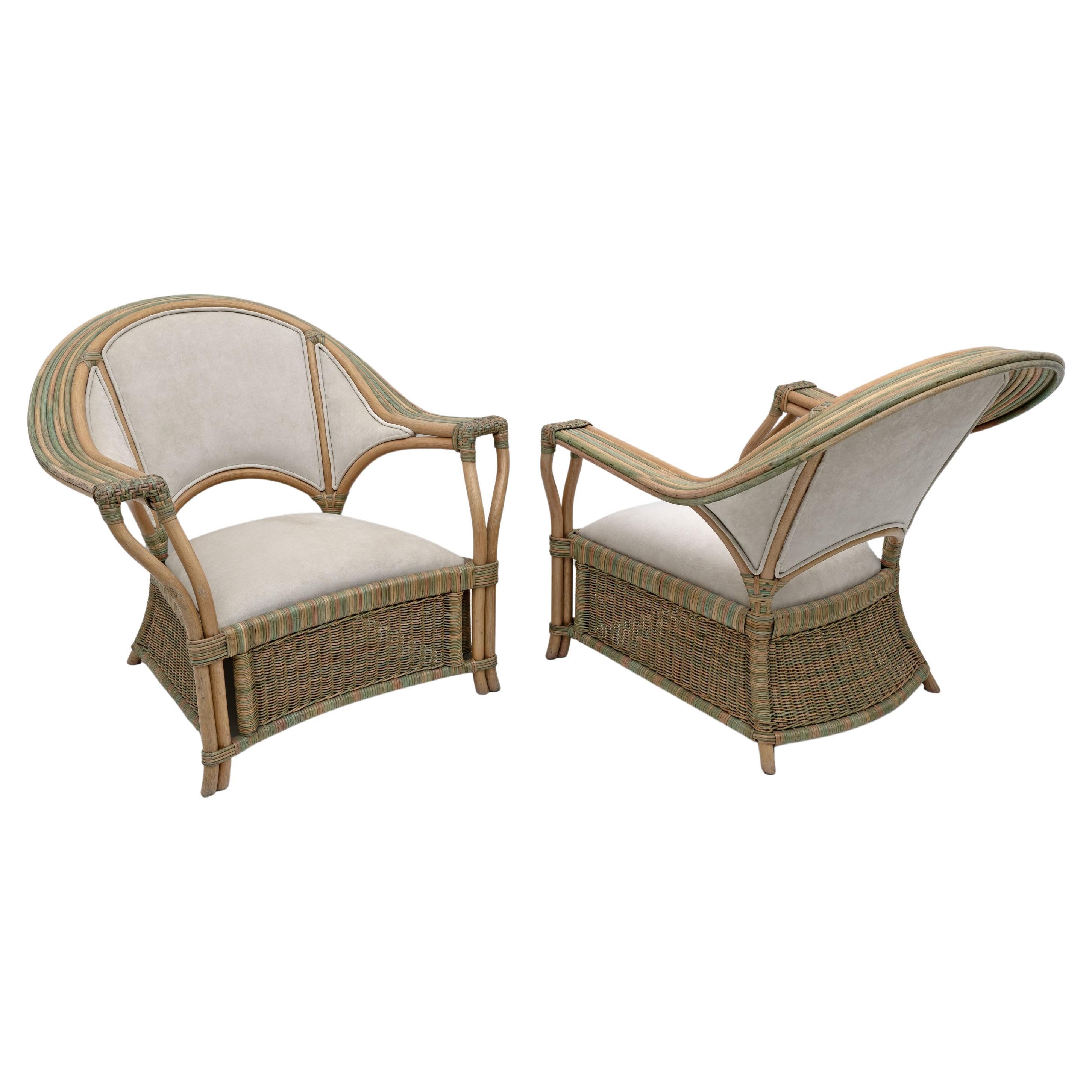 Pair of Mid-century Modern Italian Rattan and Wicker Armchairs, 1970s For Sale