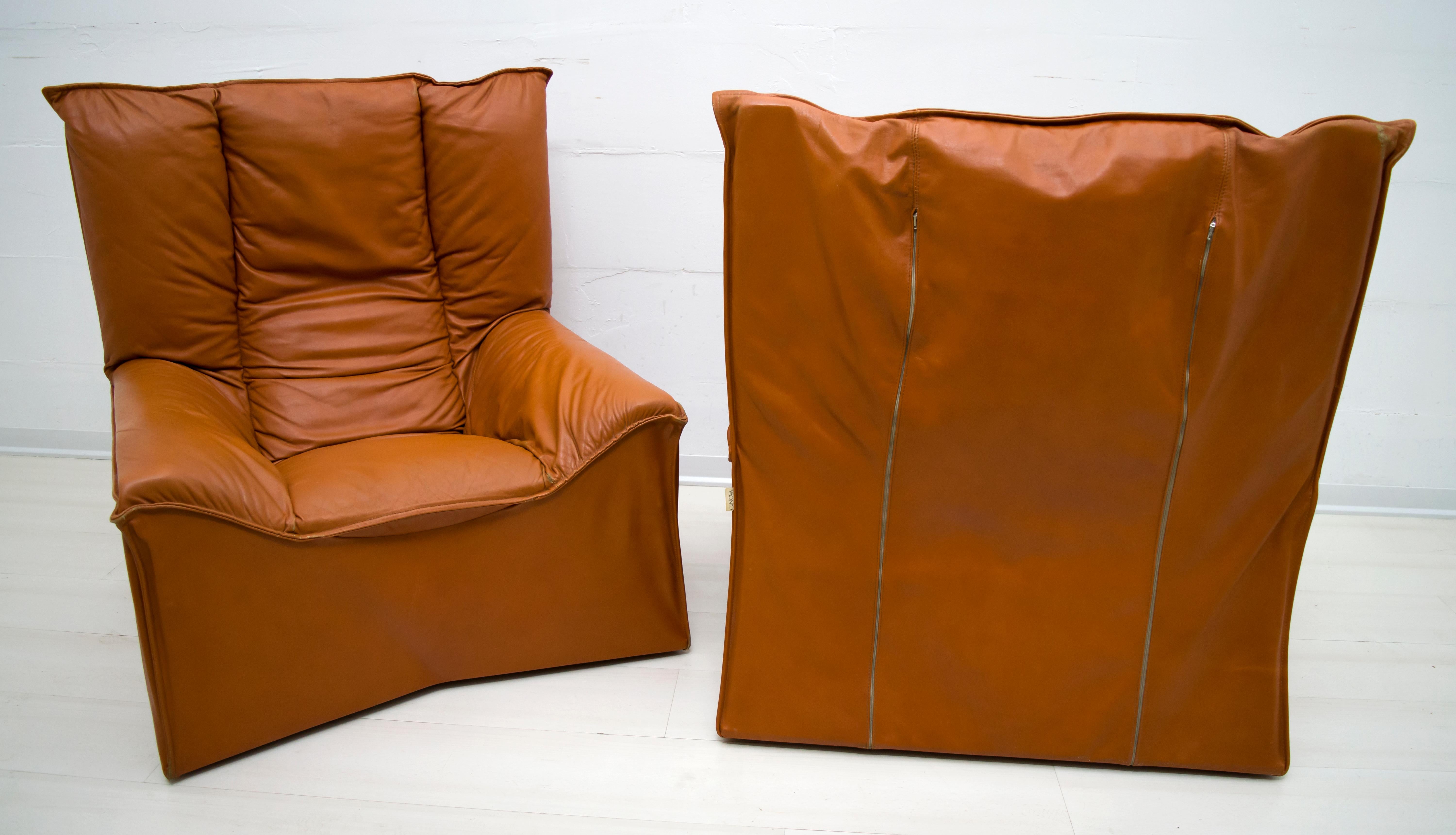 Mid-20th Century Pair of Mid-Century Modern Italian Real Leather Armchairs by Cinova, 1964s For Sale