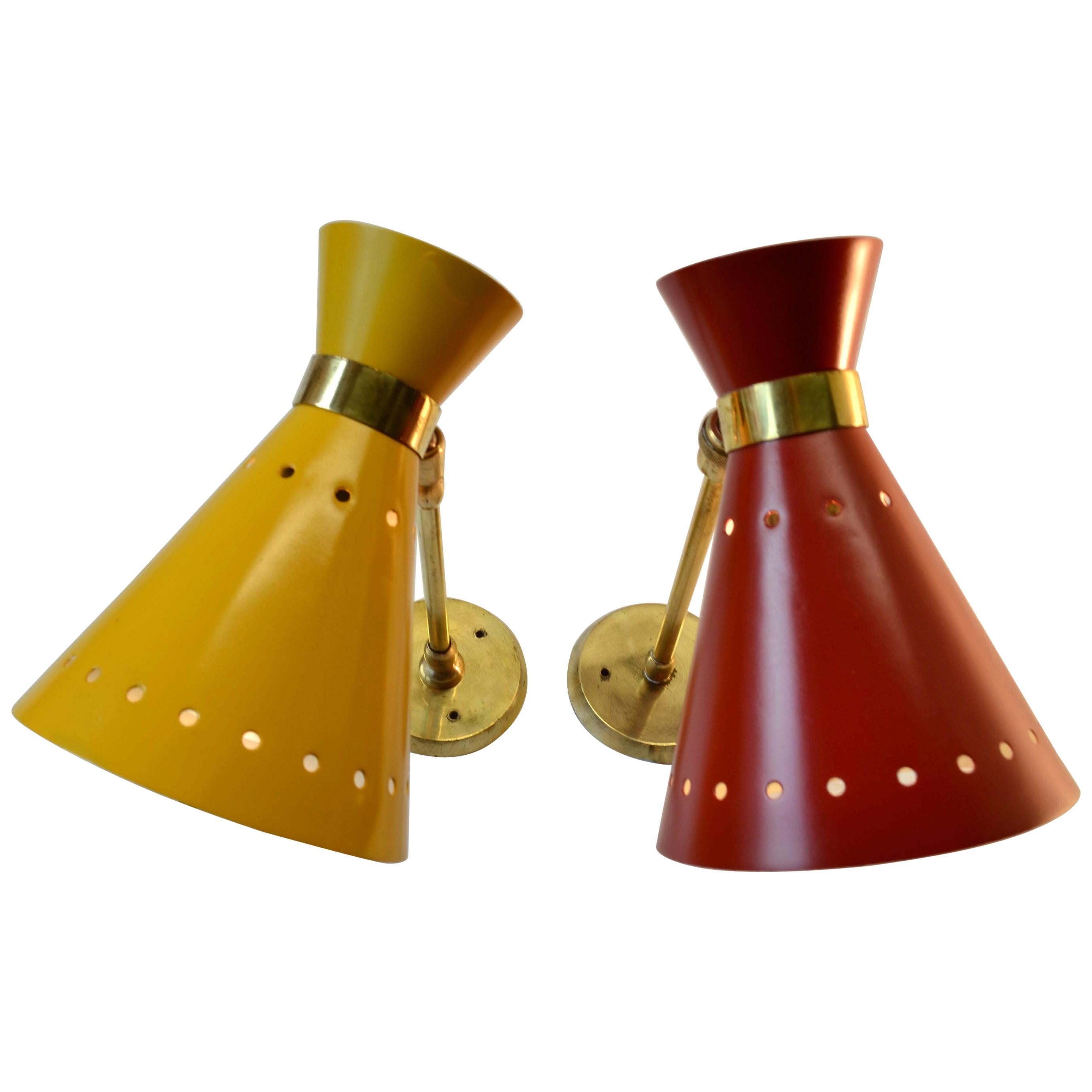 Pair of Mid-Century Modern Italian Red & Yellow Aluminum & Brass Diabolo Sconces