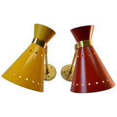 Vintage Pair of Mid-Century Modern Italian Red & Yellow Aluminum & Brass Diabolo Sconces