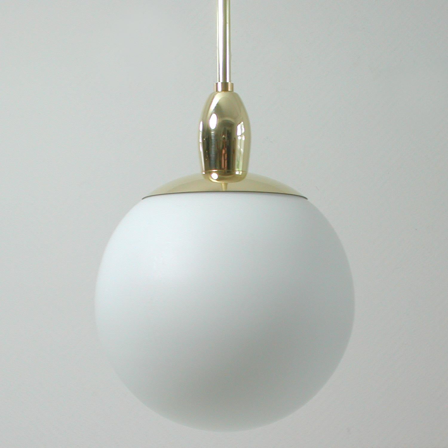 Pair of Mid-Century Modern Italian Satinated Glass and Brass Pendants, 1960s For Sale 1