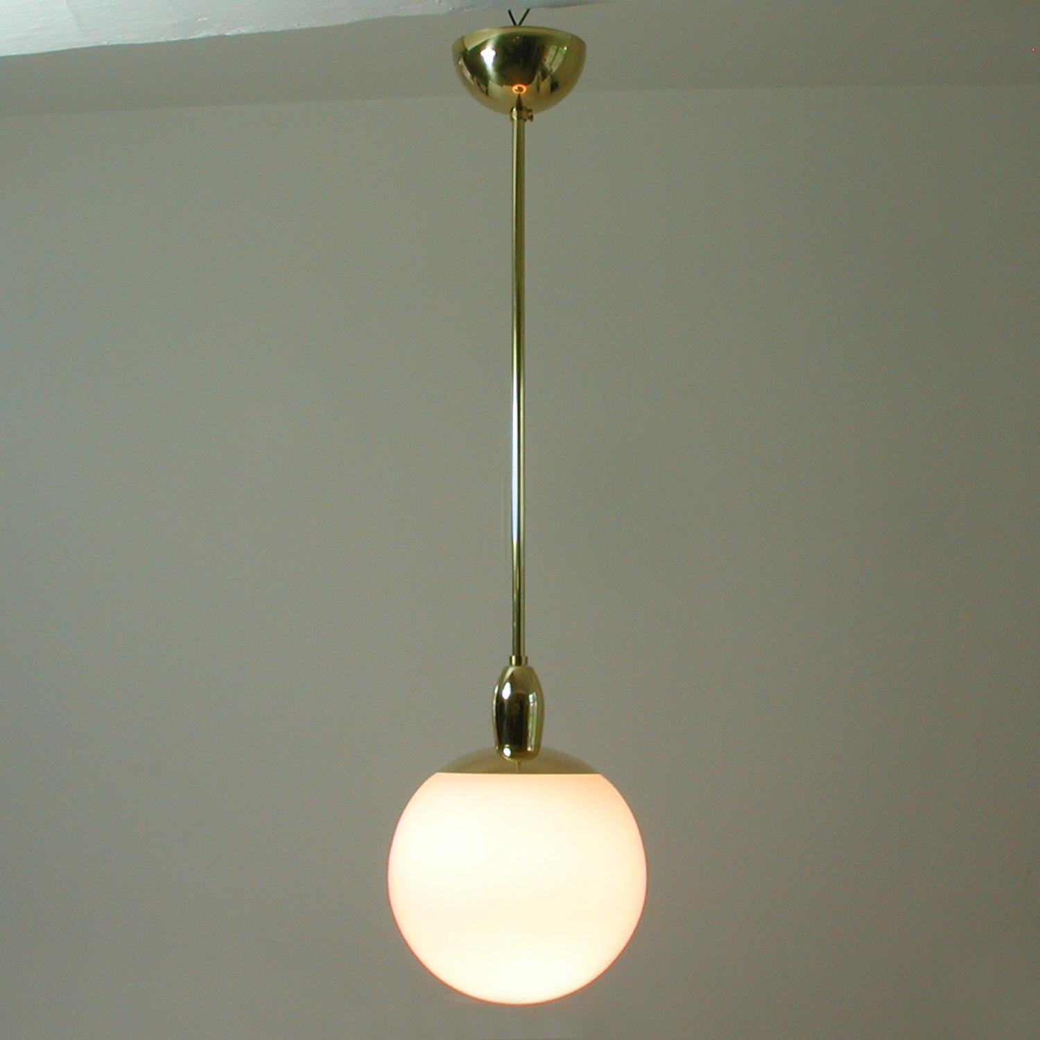 Pair of Mid-Century Modern Italian Satinated Glass and Brass Pendants, 1960s For Sale 2