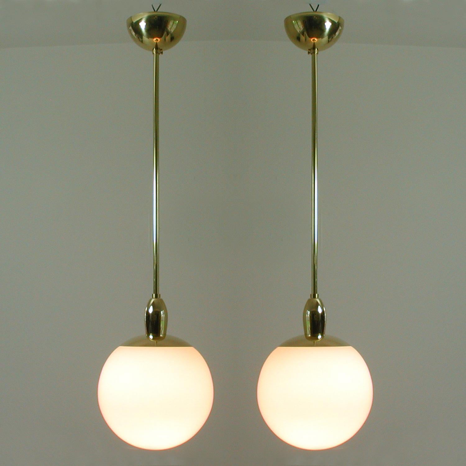 Pair of Mid-Century Modern Italian Satinated Glass and Brass Pendants, 1960s For Sale 3