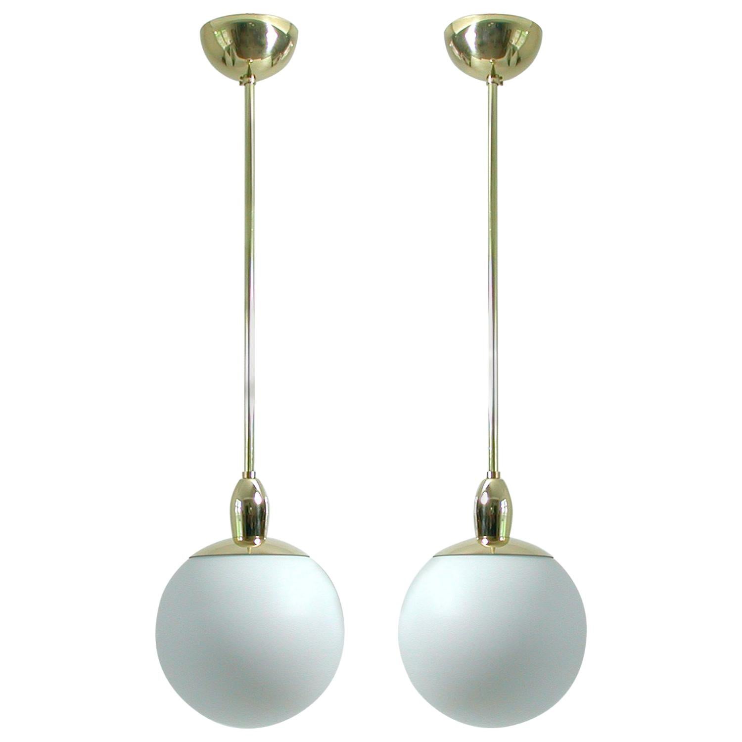 Pair of Mid-Century Modern Italian Satinated Glass and Brass Pendants, 1960s For Sale