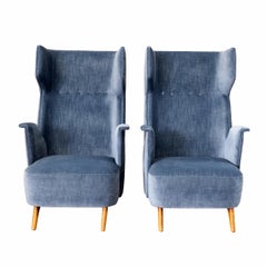 Pair of Mid-Century Modern Italian Velvet High Back Armchairs, 1950s
