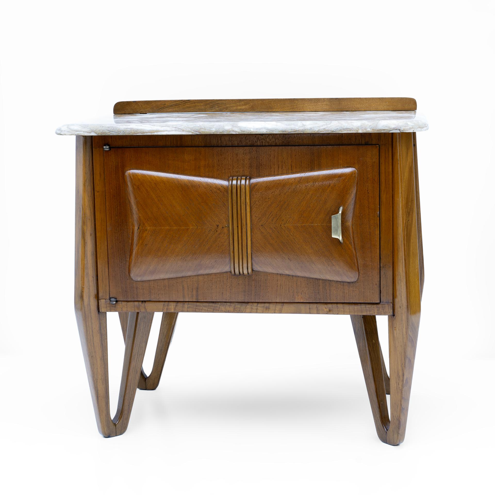 Mid-20th Century Pair of Mid-Century Modern Italian Walnut and Marble Nightstands, 1950s For Sale