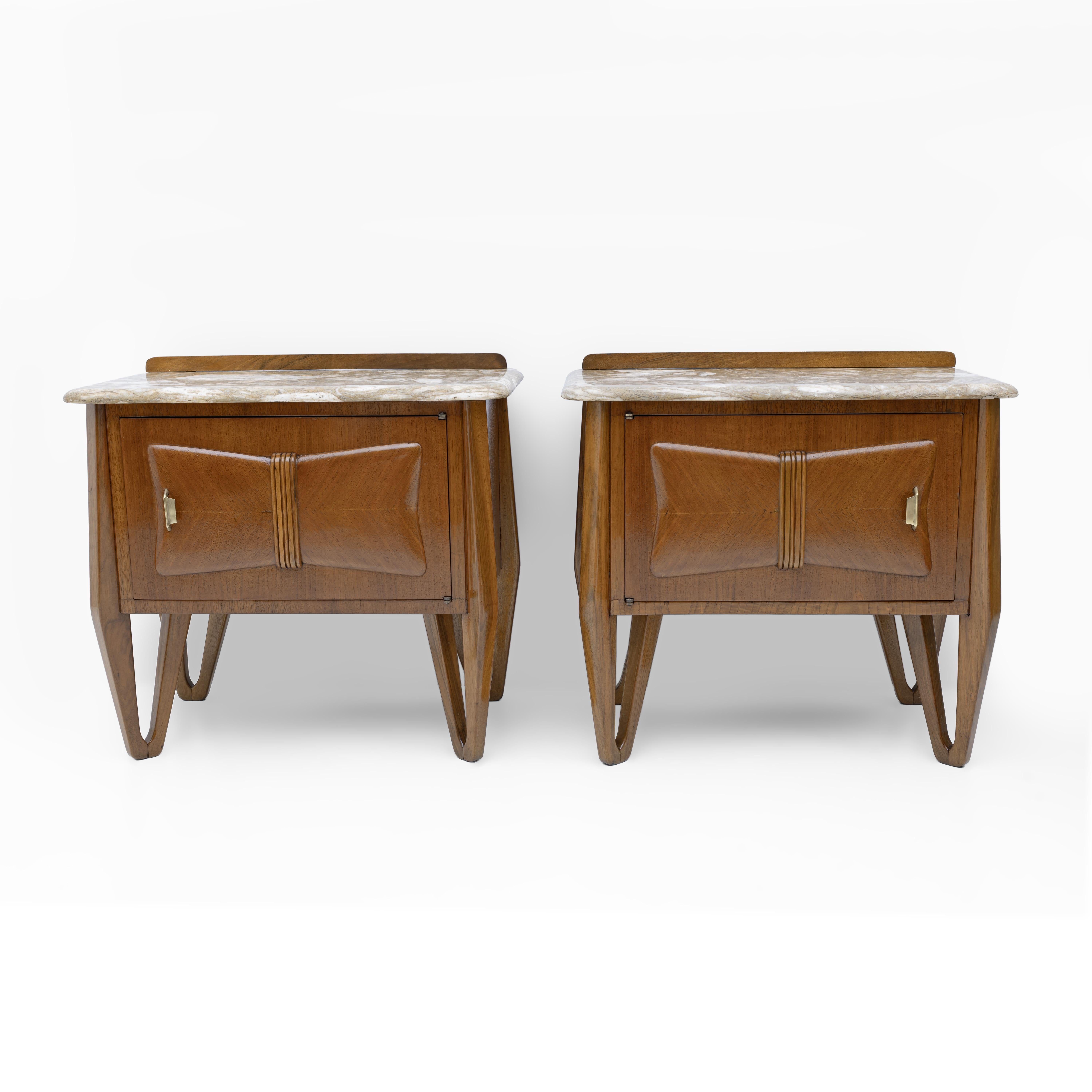 Pair of Mid-Century Modern Italian Walnut and Marble Nightstands, 1950s For Sale 4