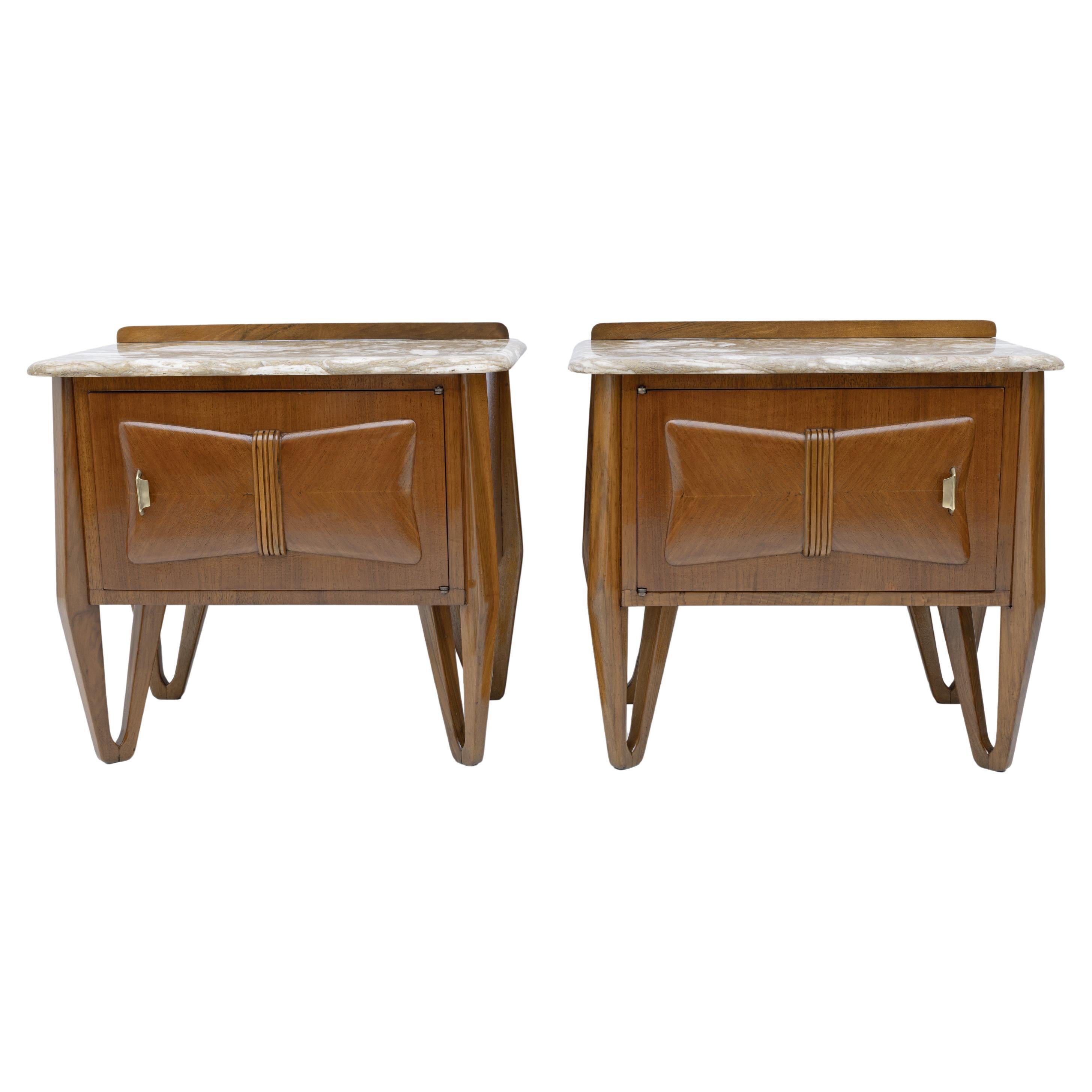Pair of Mid-Century Modern Italian Walnut and Marble Nightstands, 1950s For Sale