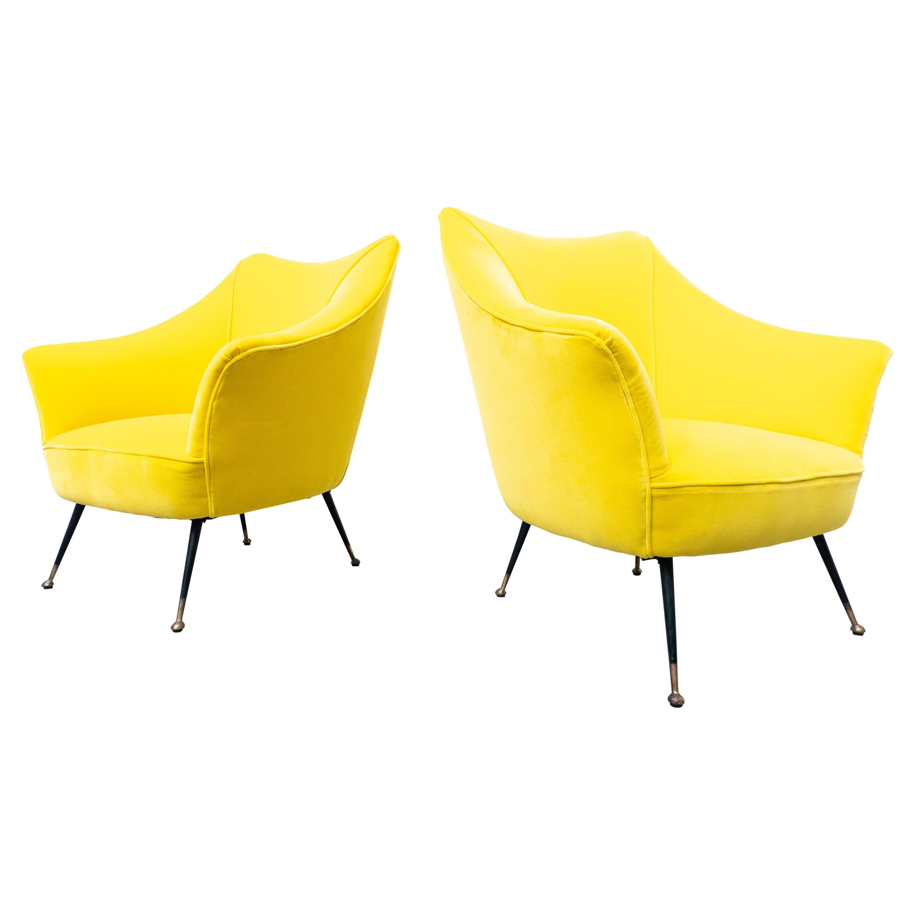 Pair of Mid-Century Modern Italian Yellow Fabric Armchairs, 1960s