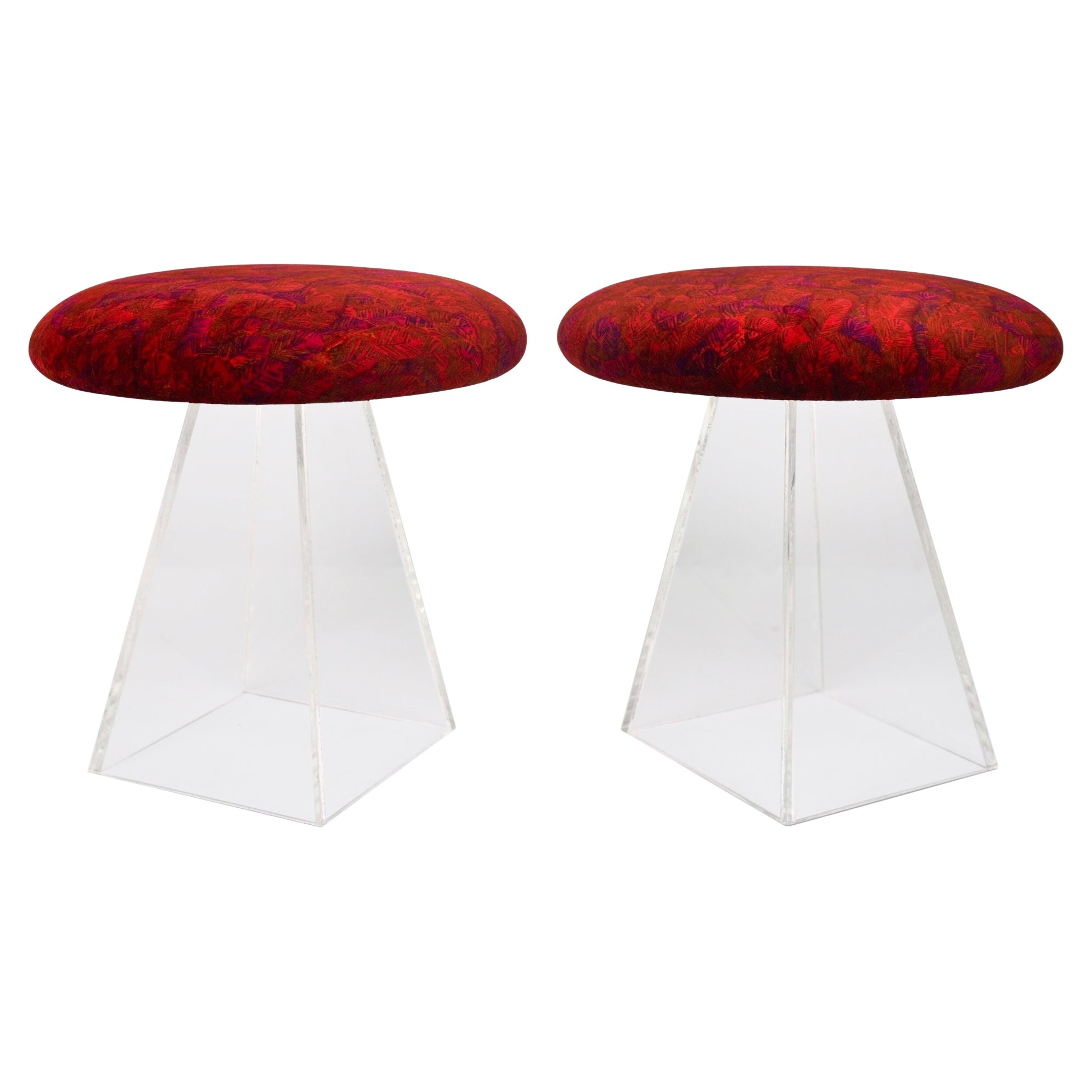 Pair of Mid Century Modern Jack Lenor Larsen Velvet Lucite Pyramid Stools  1960s