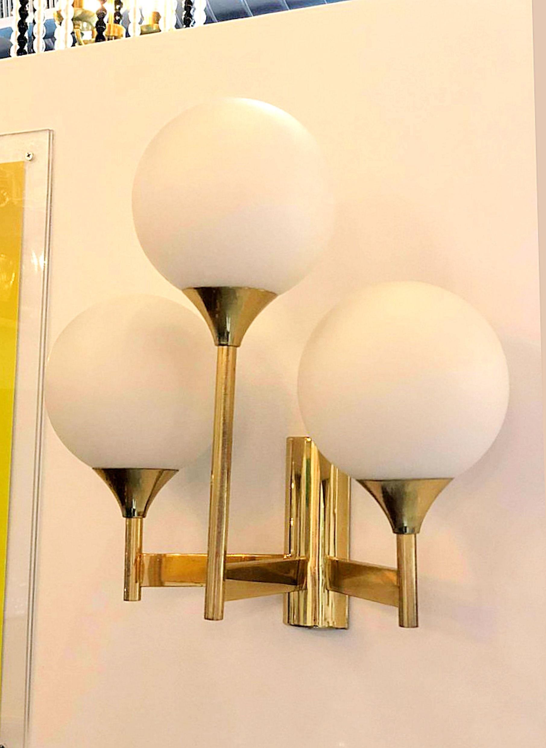 Swedish Pair of Mid-Century Modern White Globe and Brass Sconces by Kaiser Idell, 1960s
