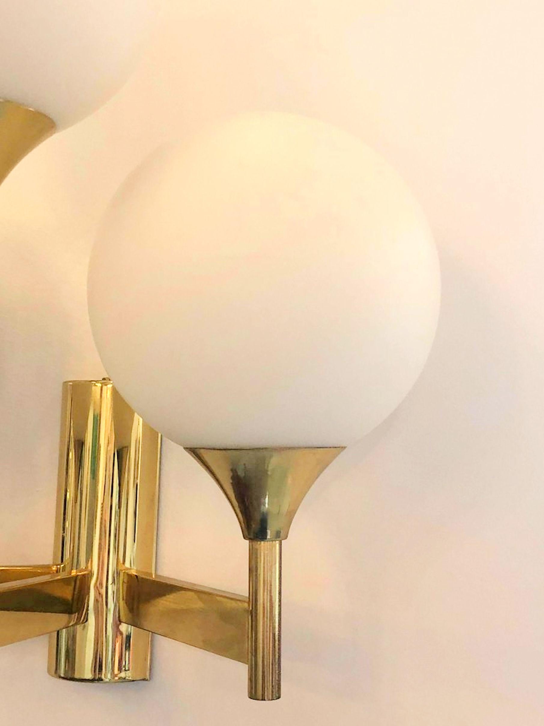 Mid-20th Century Pair of Mid-Century Modern White Globe and Brass Sconces by Kaiser Idell, 1960s