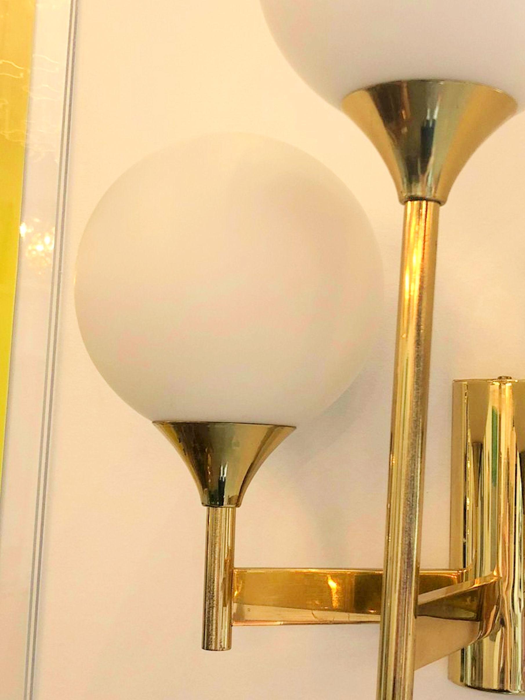 Glass Pair of Mid-Century Modern White Globe and Brass Sconces by Kaiser Idell, 1960s