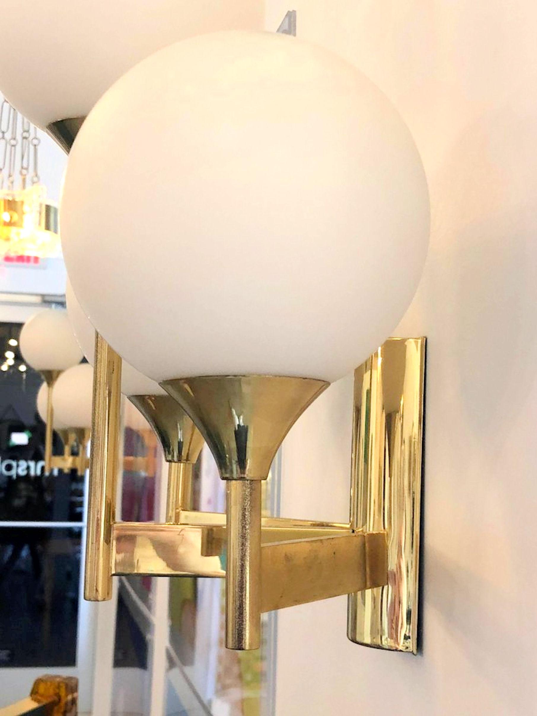 Pair of Mid-Century Modern White Globe and Brass Sconces by Kaiser Idell, 1960s 1