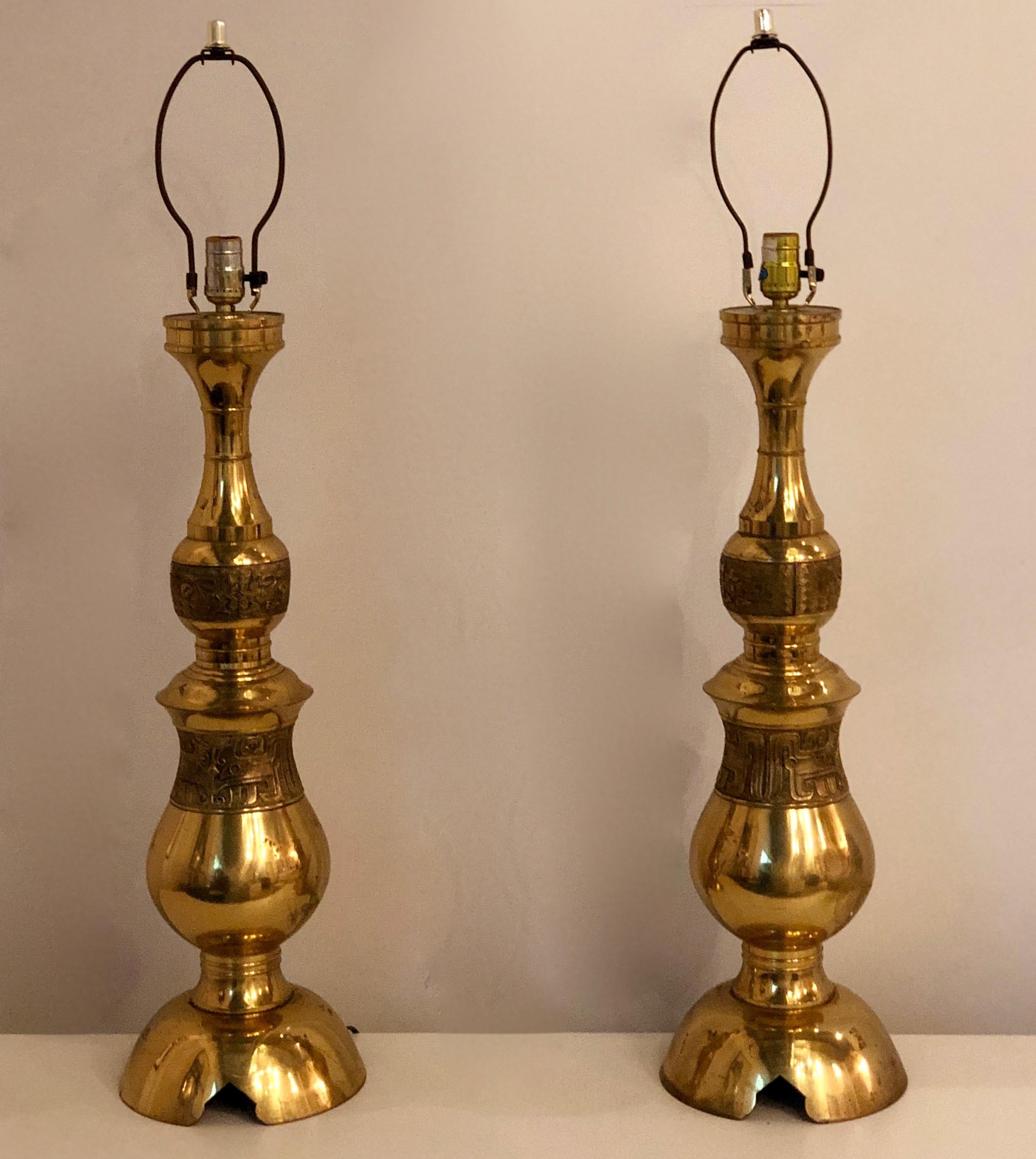 Pair of James Mont Chinoiserie Style Engraved Brass Tall Table Lamps For Sale 8