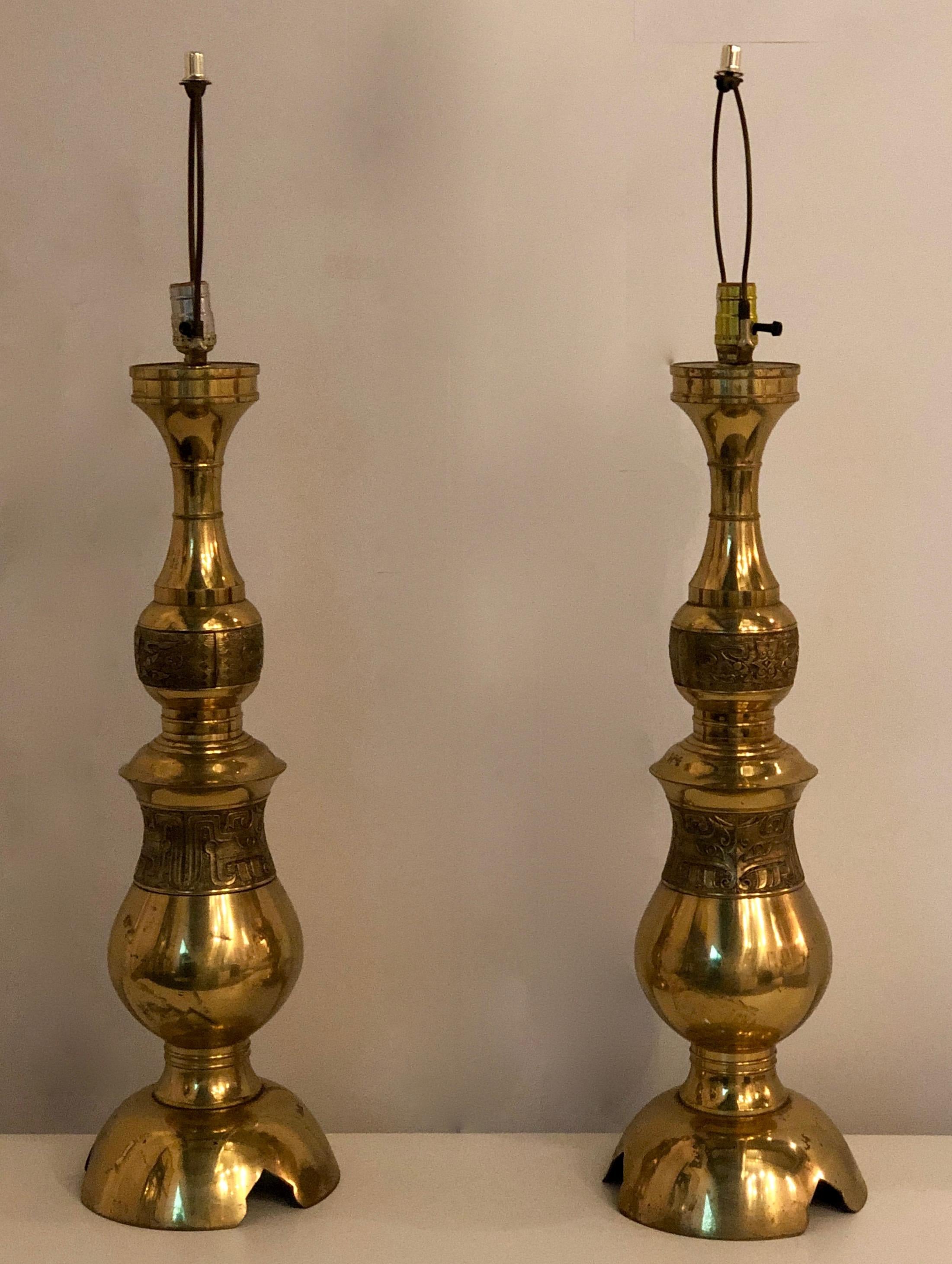 Pair of James Mont Chinoiserie Style Engraved Brass Tall Table Lamps For Sale 9