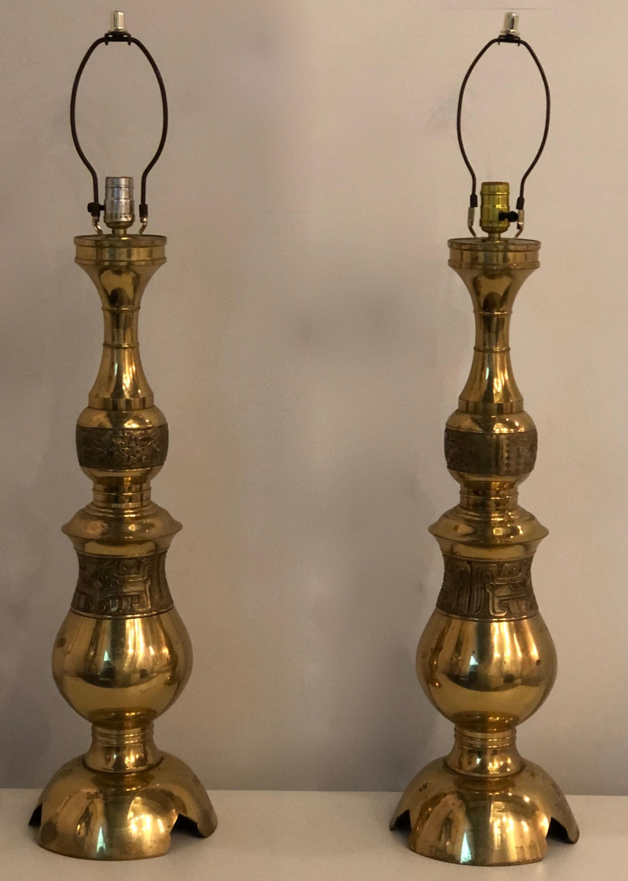 Pair of James Mont Chinoiserie Style Engraved Brass Tall Table Lamps For Sale 10