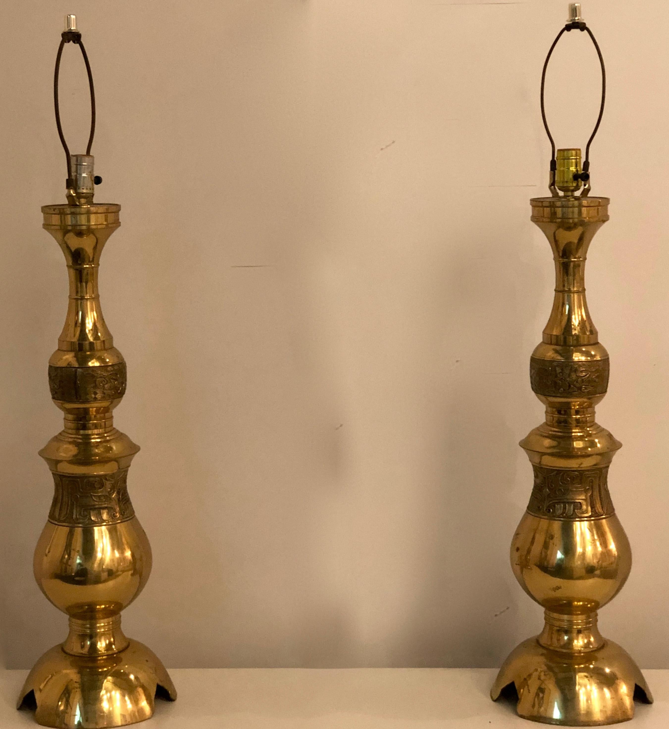 Pair of James Mont Chinoiserie Style Engraved Brass Tall Table Lamps For Sale 11