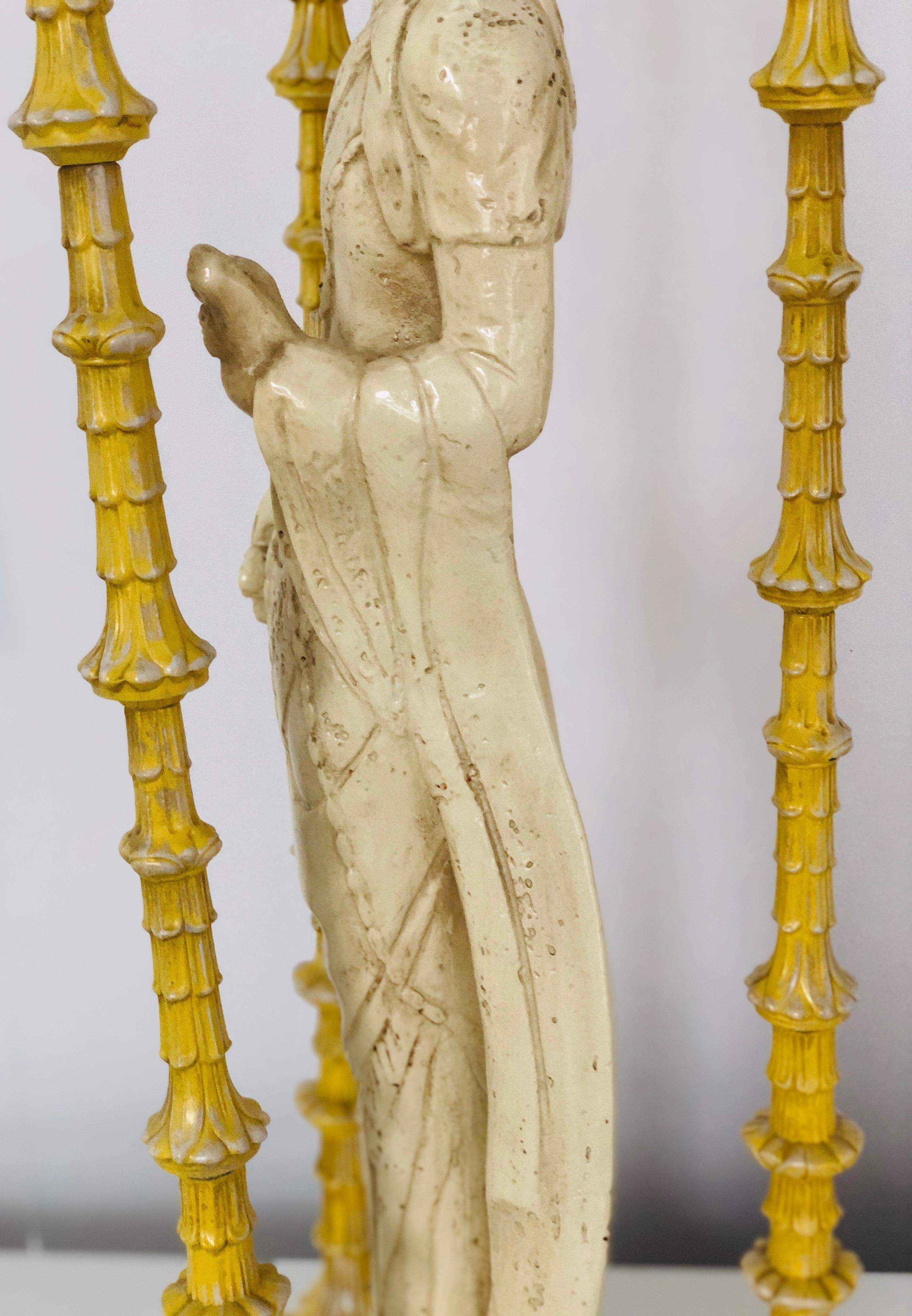 Metal Pair of Ivory and Yellow James Mont Style Hollywood Regency Quan Yin Asian Lamps For Sale