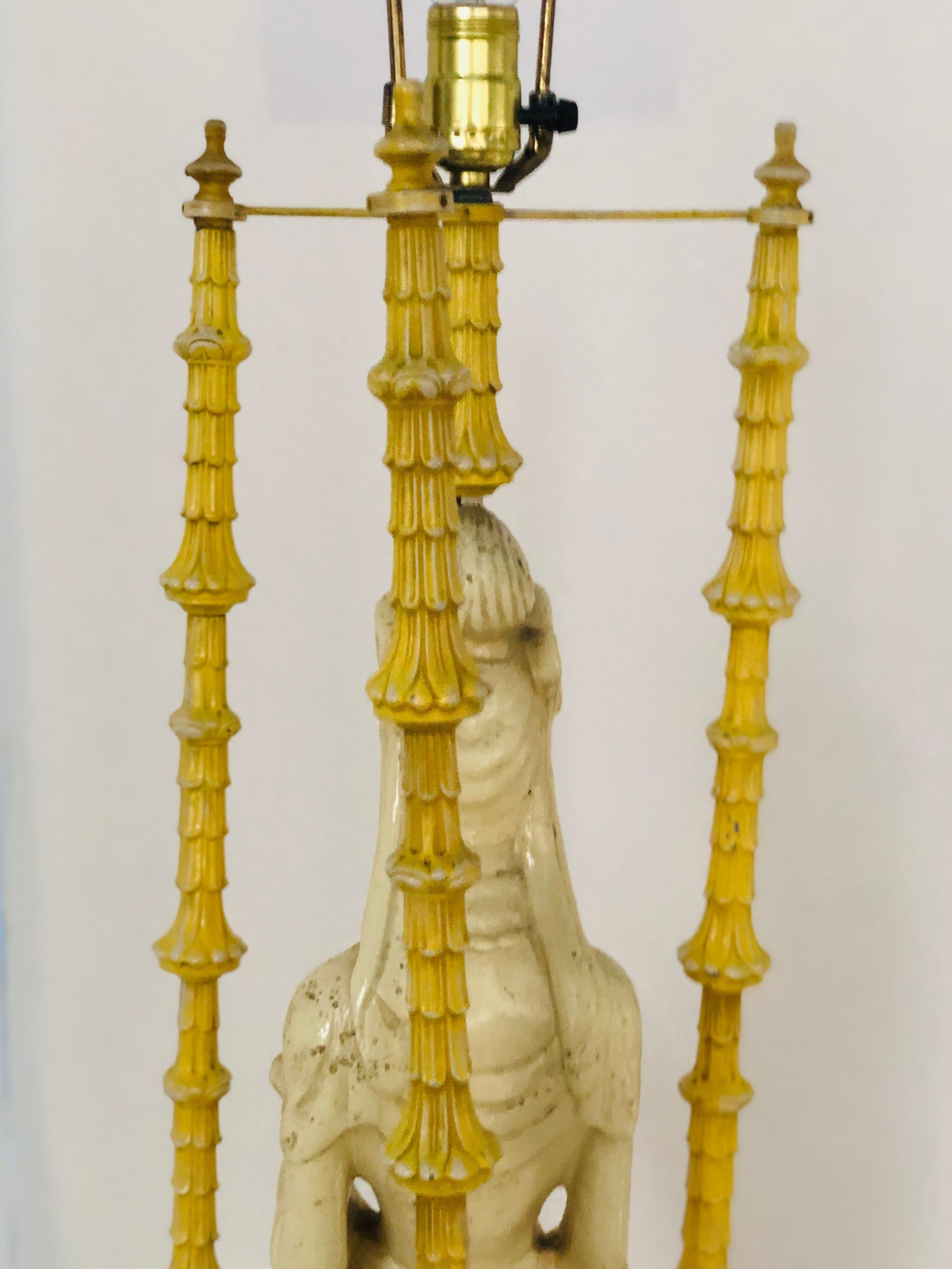 Pair of Ivory and Yellow James Mont Style Hollywood Regency Quan Yin Asian Lamps For Sale 2