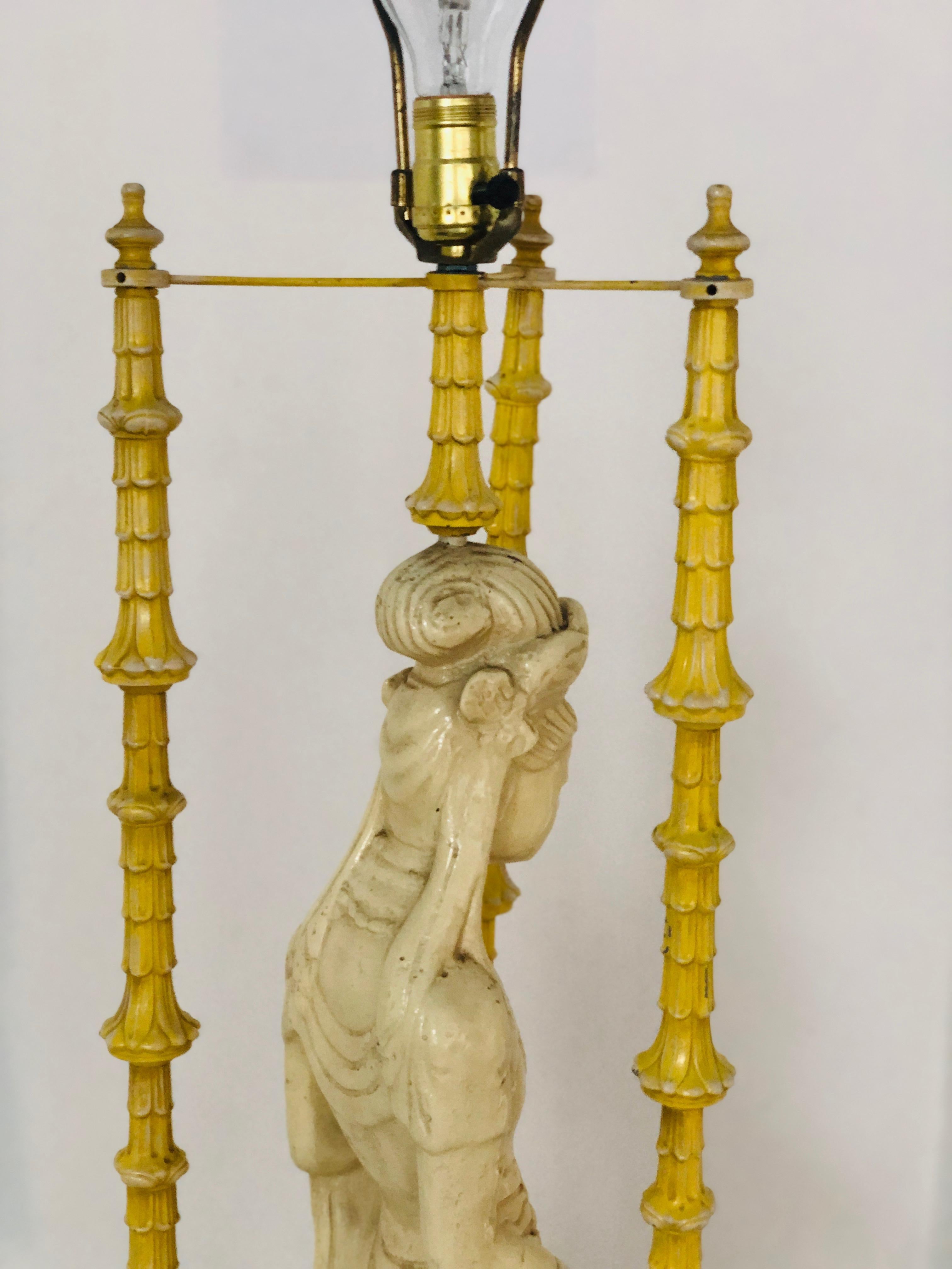 Pair of Ivory and Yellow James Mont Style Hollywood Regency Quan Yin Asian Lamps For Sale 5
