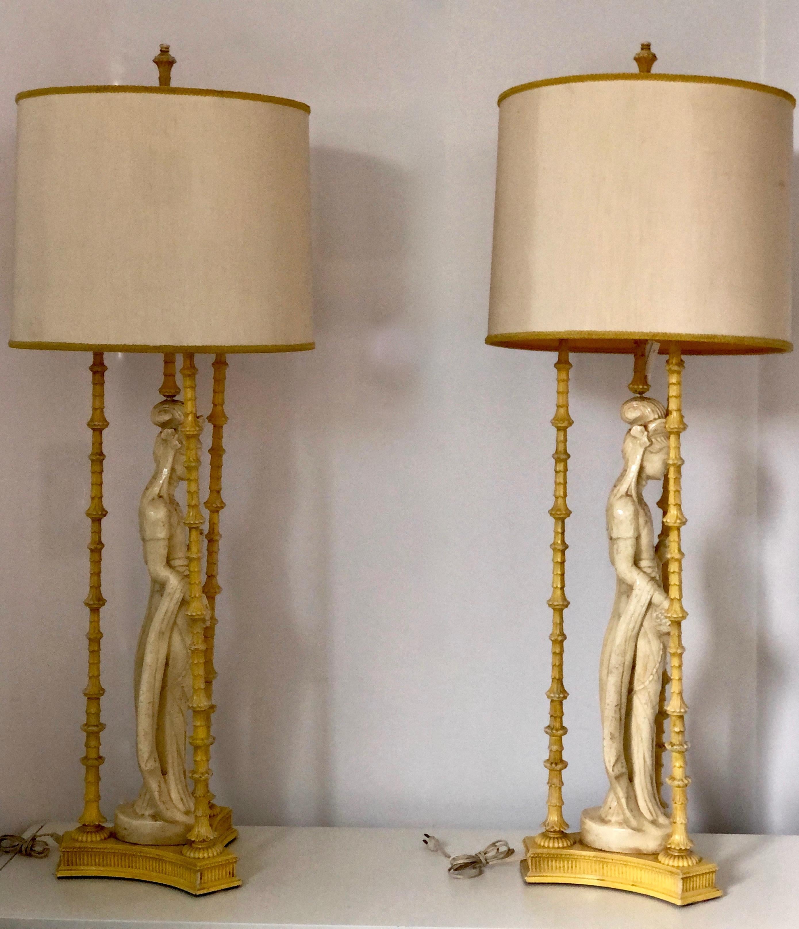 Pair of Ivory and Yellow James Mont Style Hollywood Regency Quan Yin Asian Lamps For Sale 9