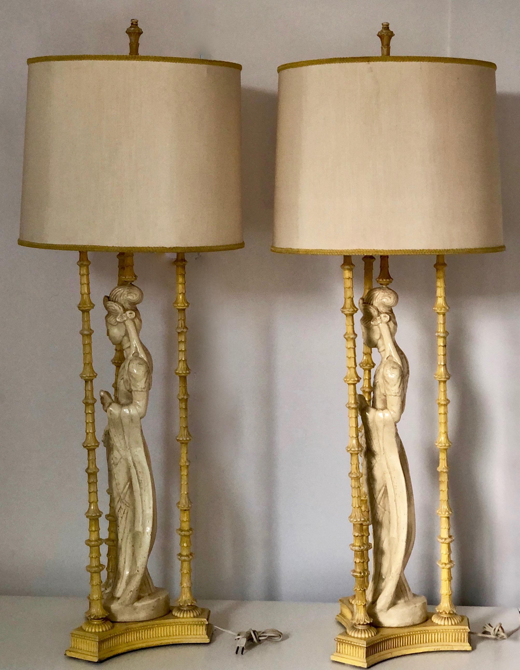 Pair of Ivory and Yellow James Mont Style Hollywood Regency Quan Yin Asian Lamps For Sale 7