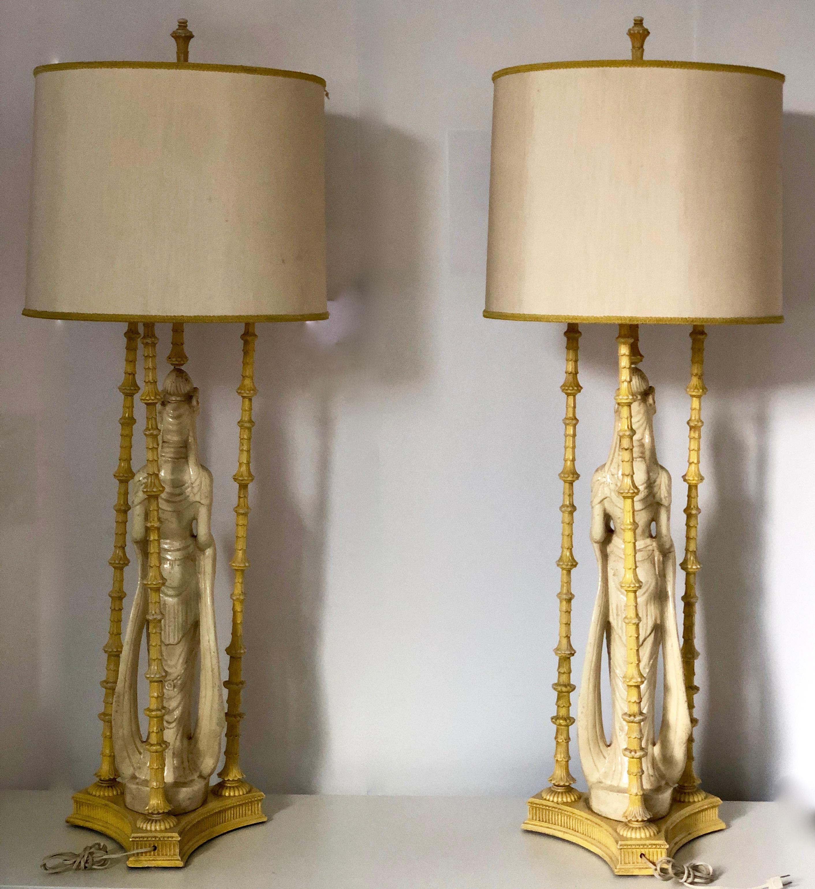 Pair of Ivory and Yellow James Mont Style Hollywood Regency Quan Yin Asian Lamps For Sale 8