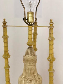 Pair of Ivory and Yellow James Mont Style Hollywood Regency Quan Yin Asian Lamps