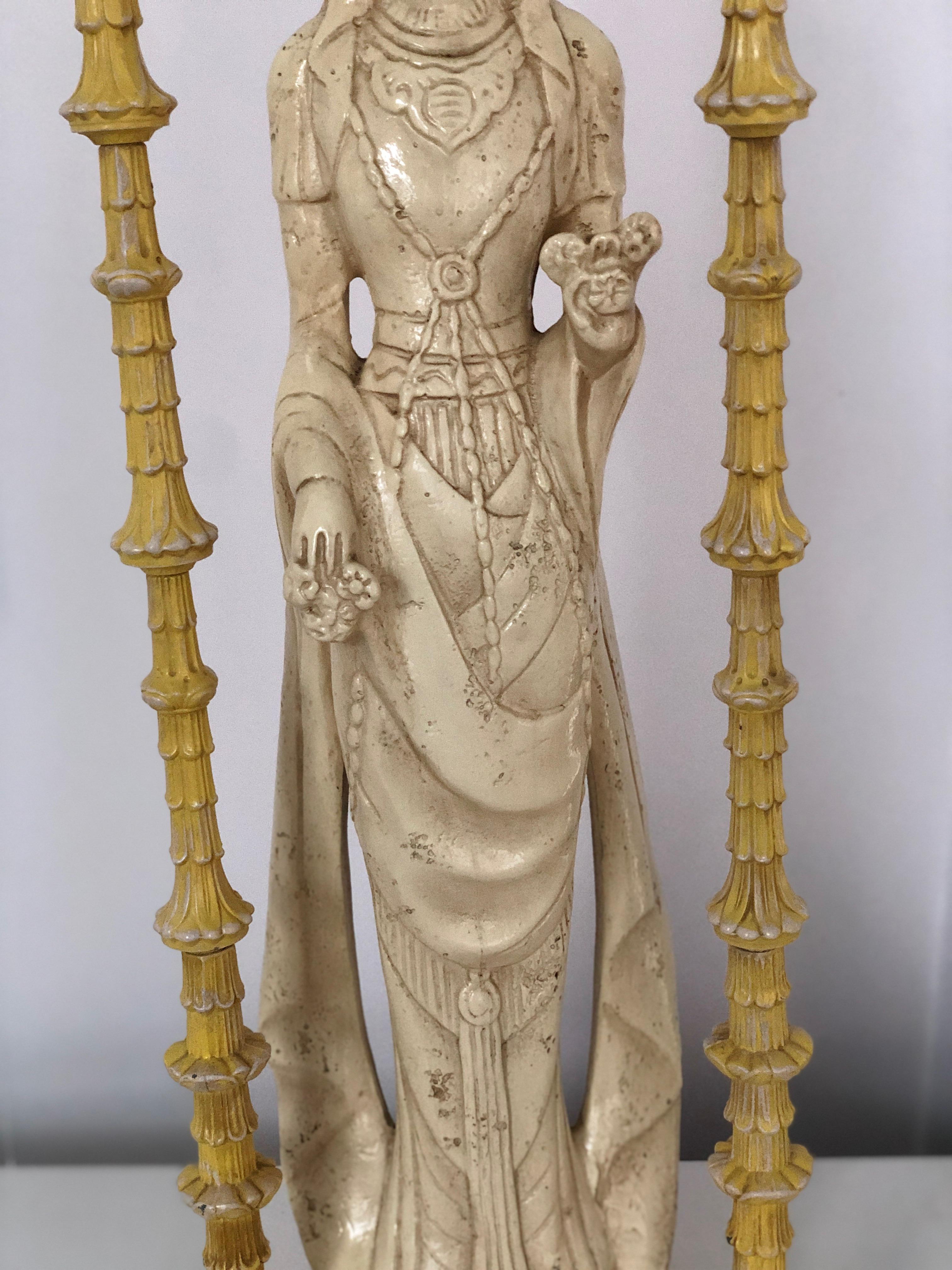 American Pair of Ivory and Yellow James Mont Style Hollywood Regency Quan Yin Asian Lamps For Sale