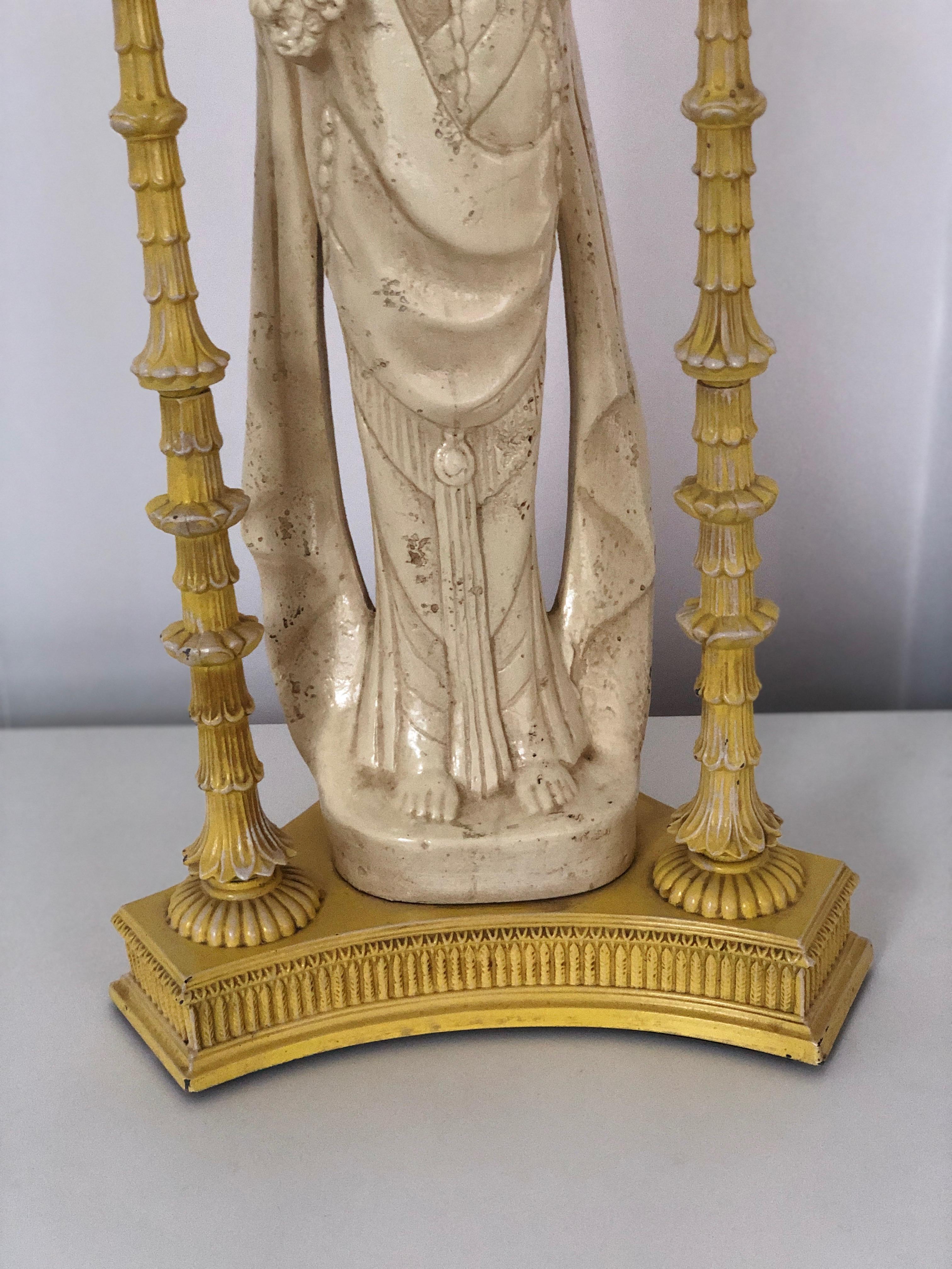 Painted Pair of Ivory and Yellow James Mont Style Hollywood Regency Quan Yin Asian Lamps For Sale