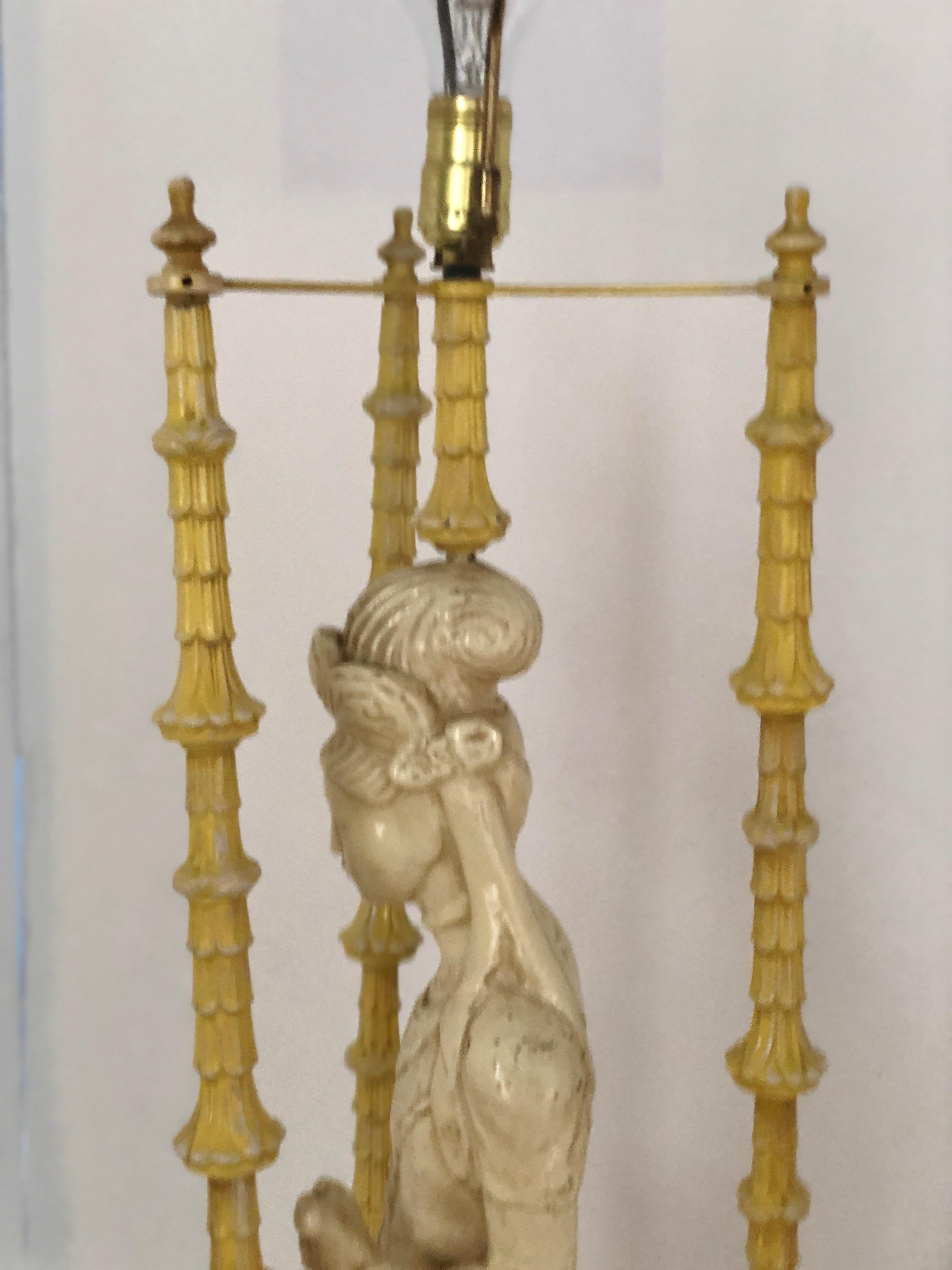 20th Century Pair of Ivory and Yellow James Mont Style Hollywood Regency Quan Yin Asian Lamps For Sale