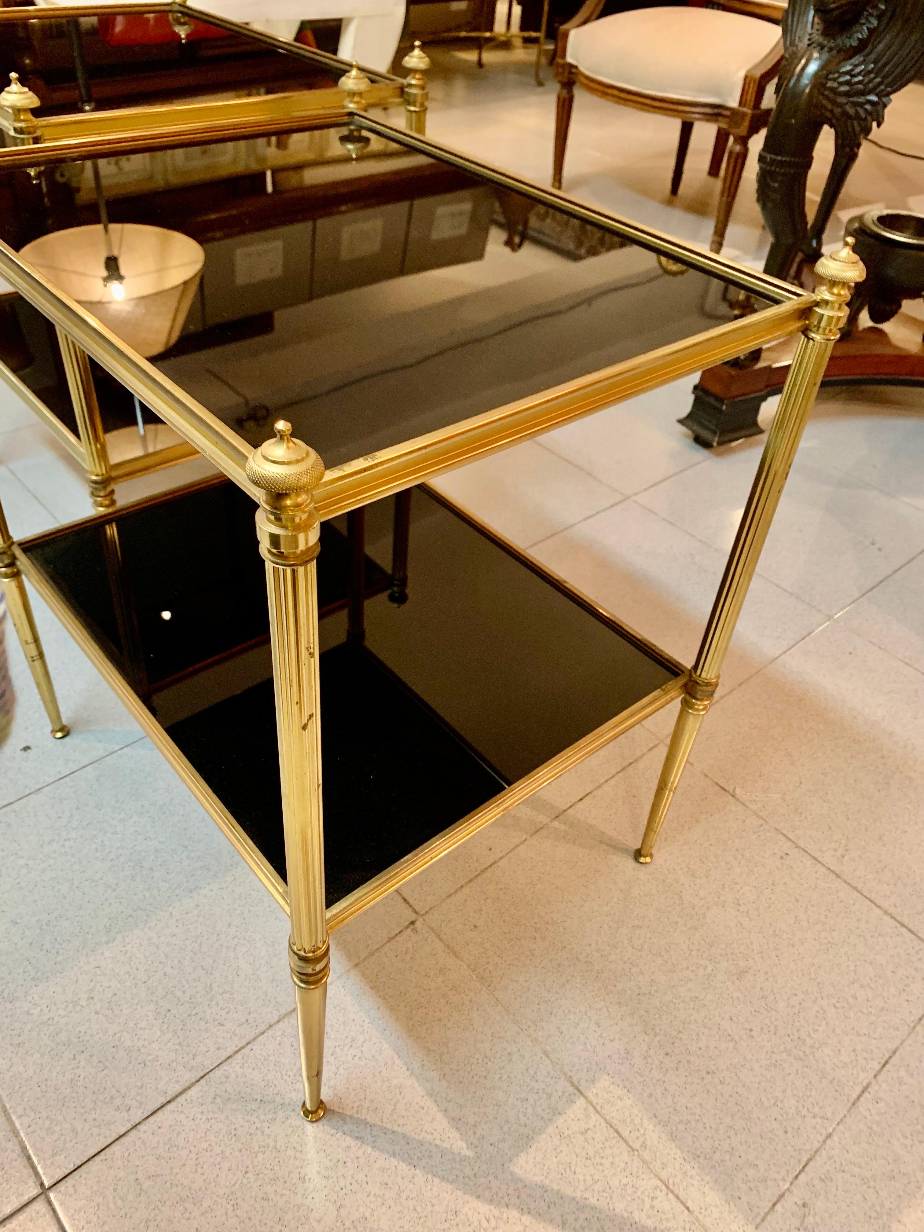 Pair of Mid-Century Modern Jansen Style Brass and Black Glass Top Side Tables For Sale 4