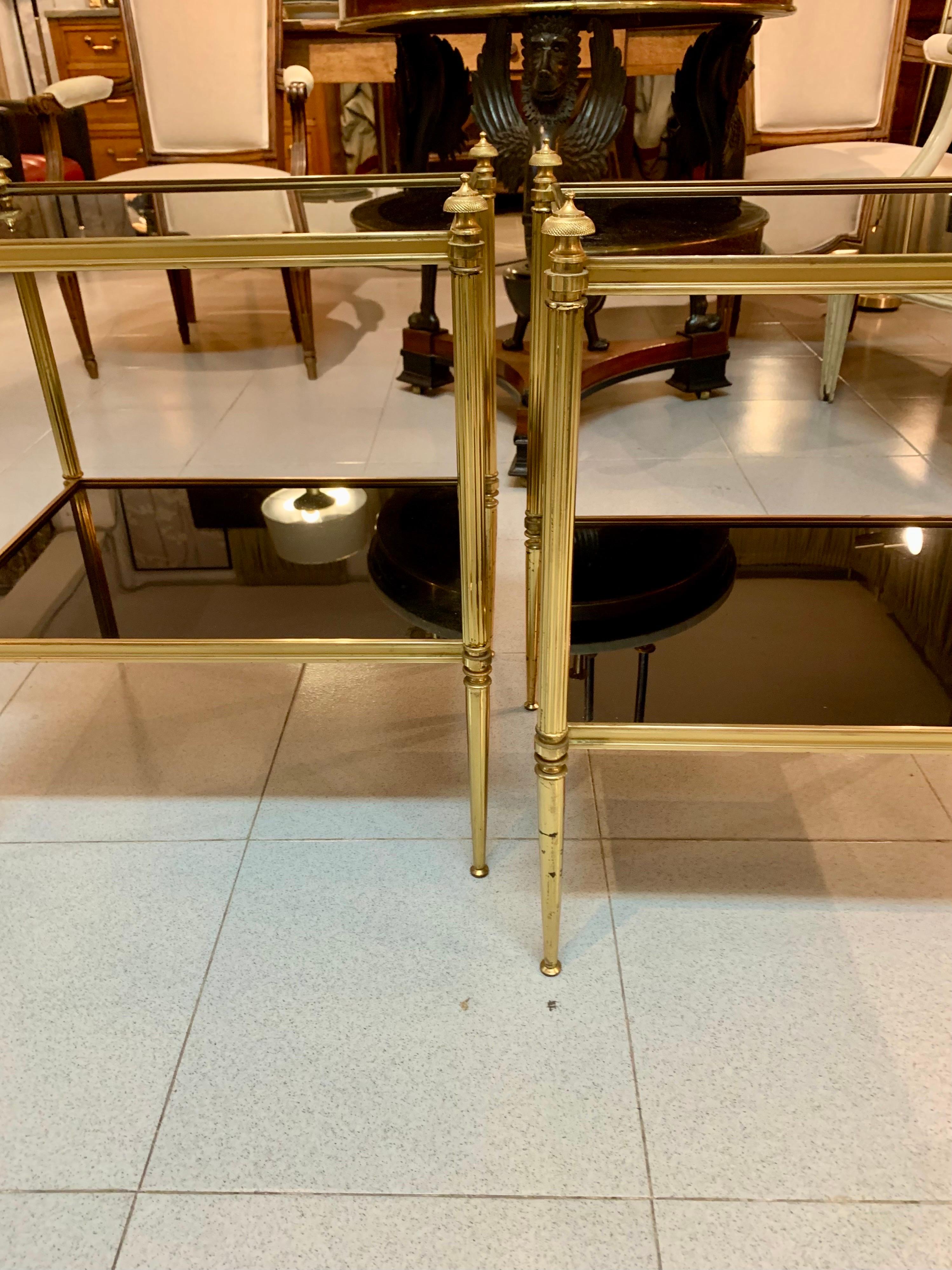 Pair of Mid-Century Modern Jansen Style Brass and Black Glass Top Side Tables For Sale 5