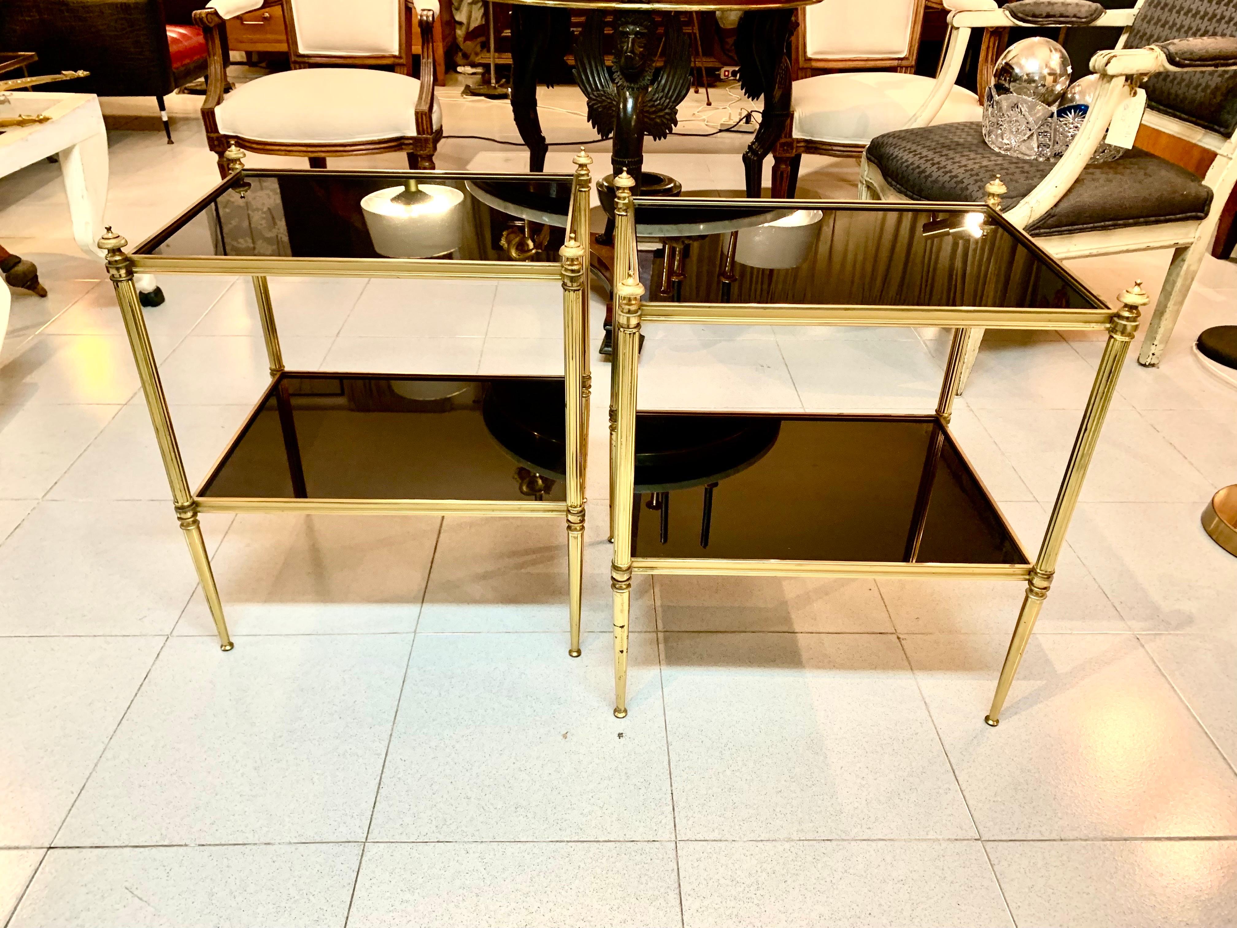 Pair of Mid-Century Modern Jansen Style Brass and Black Glass Top Side Tables For Sale 6