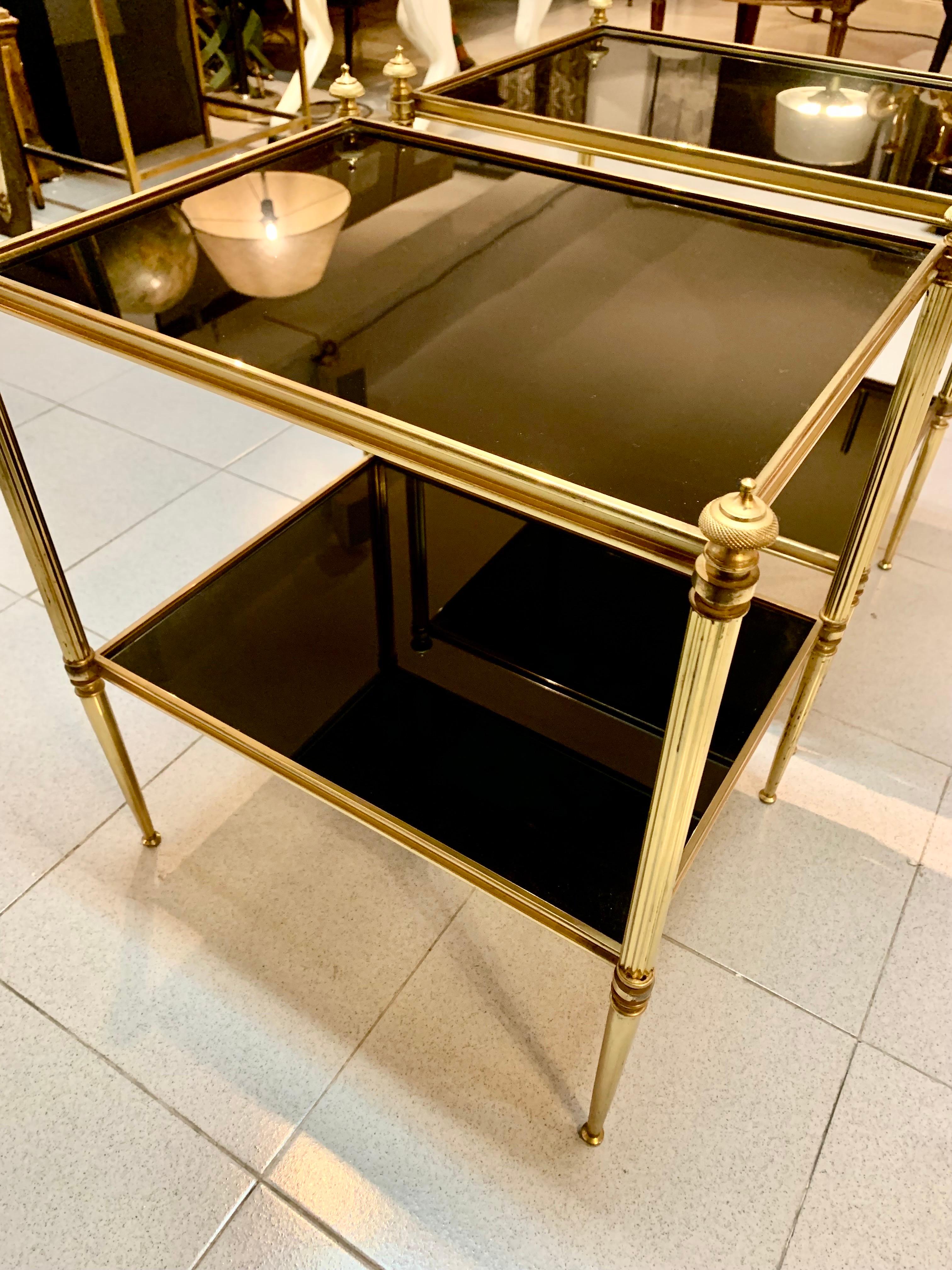 Pair of Mid-Century Modern Jansen Style Brass and Black Glass Top Side Tables For Sale 7