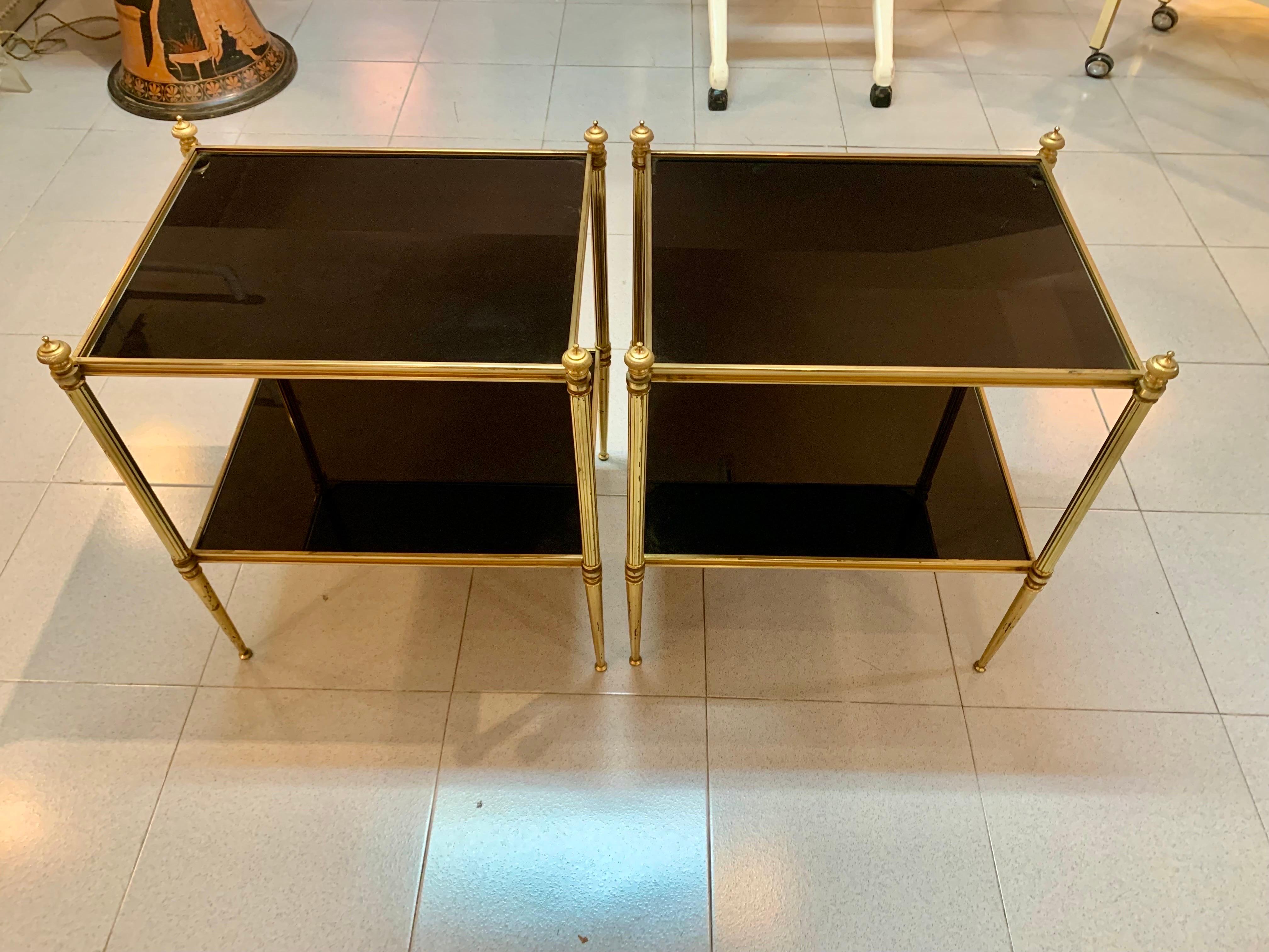 Pair of Mid-Century Modern Jansen Style Brass and Black Glass Top Side Tables For Sale 8