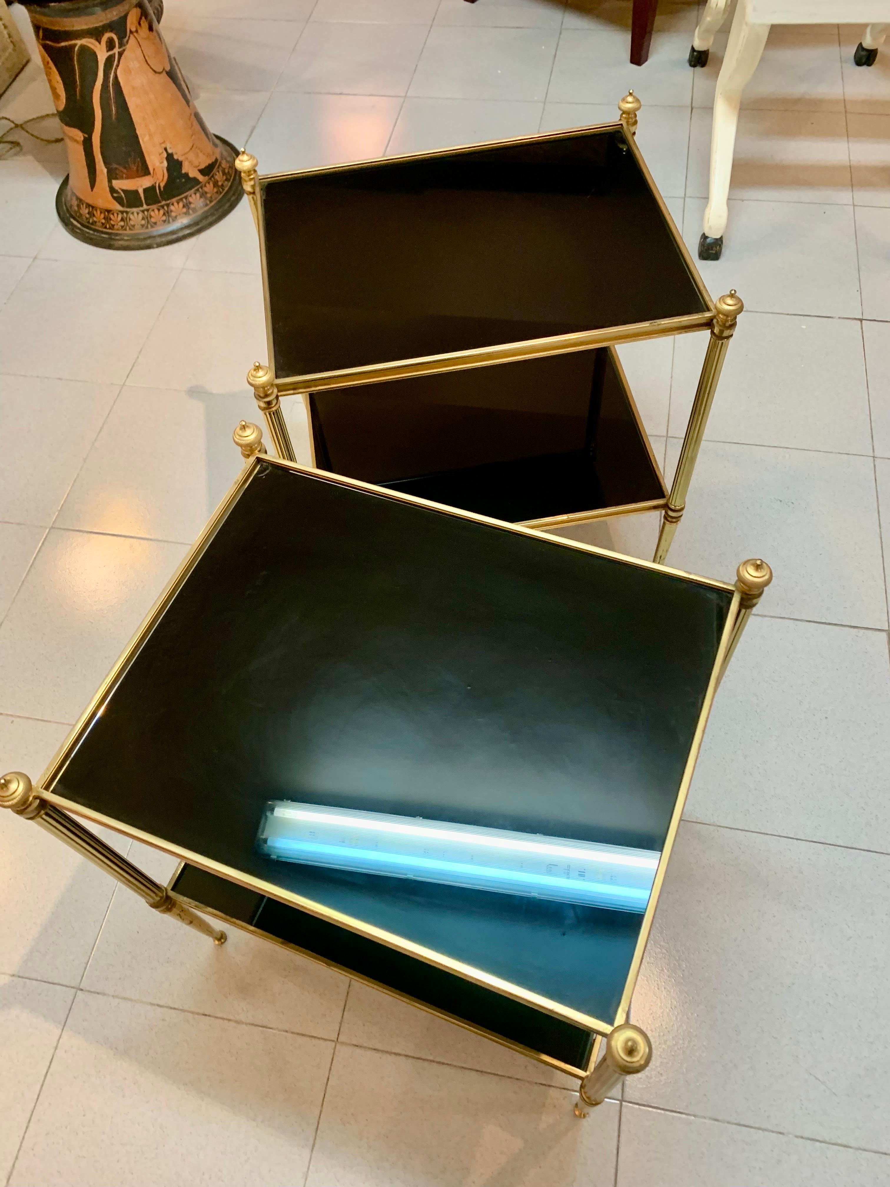 Pair of Mid-Century Modern Jansen Style Brass and Black Glass Top Side Tables For Sale 9