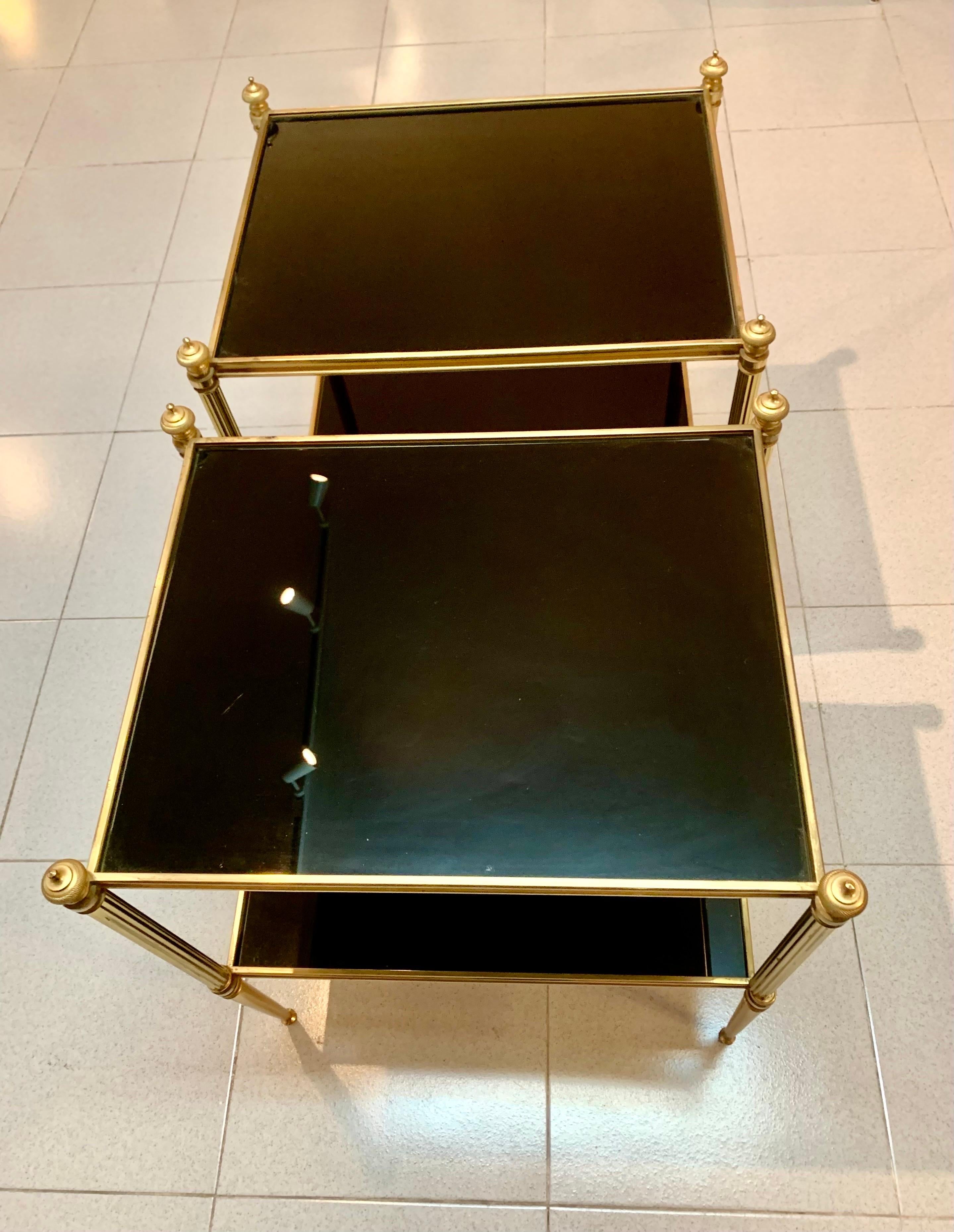 Pair of Mid-Century Modern Jansen Style Brass and Black Glass Top Side Tables For Sale 10