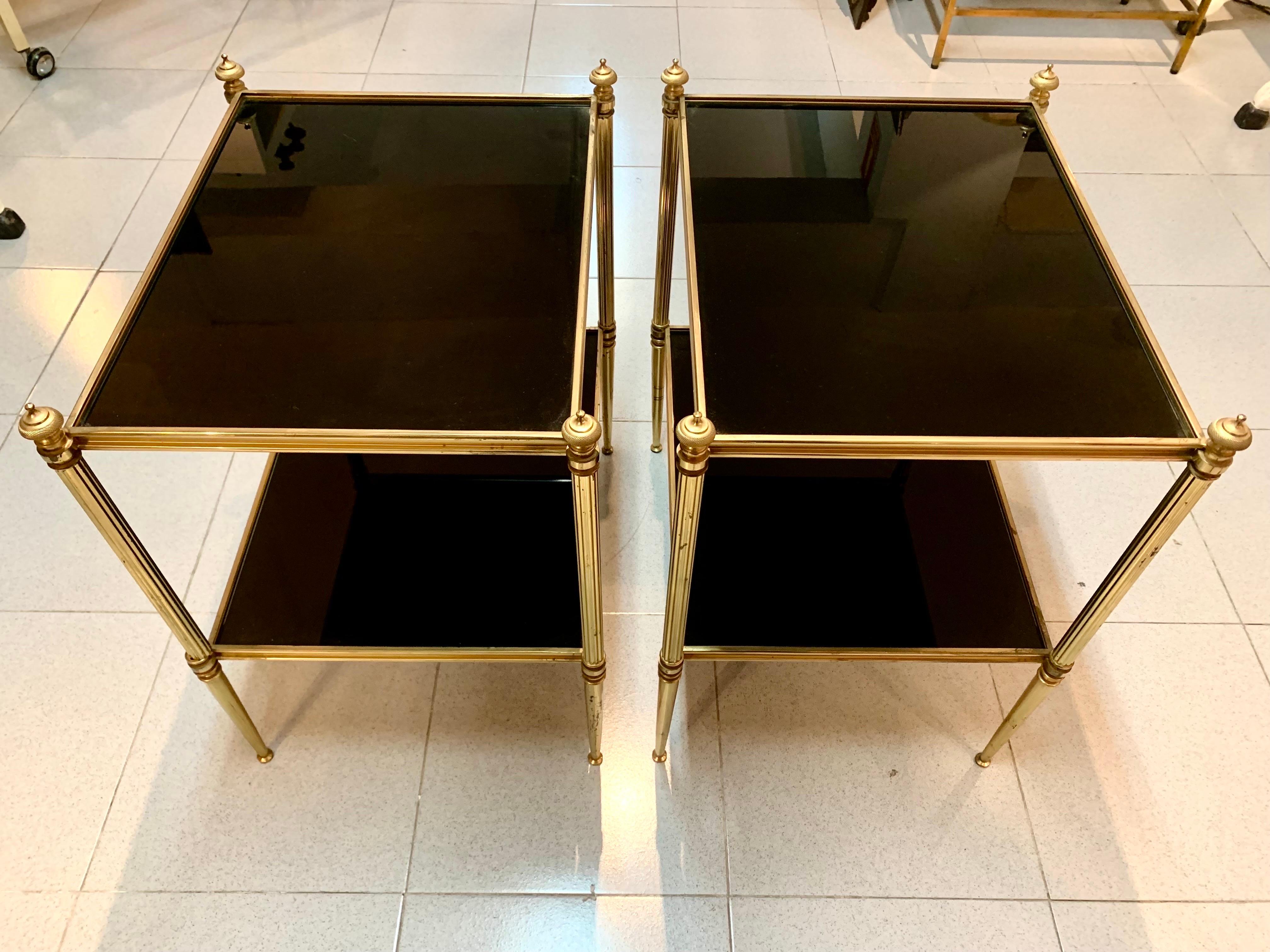Pair of Mid-Century Modern Jansen Style Brass and Black Glass Top Side Tables For Sale 11